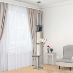 PawHut Floor to Ceiling Cat Tree for Indoor Cats, Kitten Tower, Condo, Multi-Layer Activity Center, Indoor Pet Play House with Solid Scratching Post Hanging Balls, Light Grey