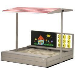 Outsunny Kids Wooden Sandpit, sandbox with canopy & Seats, for Gardens - Grey