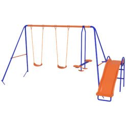 Outsunny Four-In-One Metal Garden Swing Set, with Double Swings, Glider, Slider, Ladder - Orange and Blue