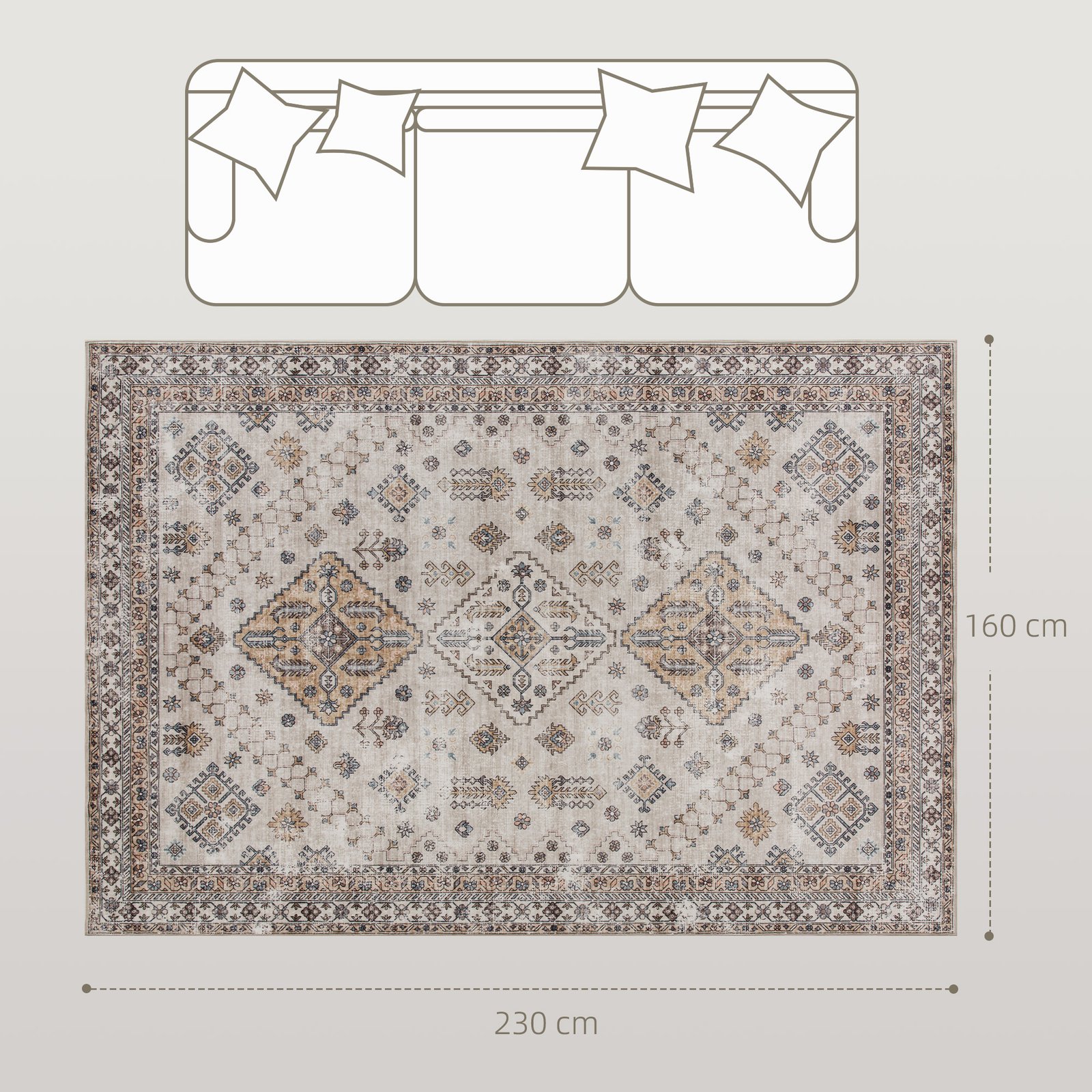 HOMCOM Vintage Area Rug, Non-Slip Washable Rug, Flannel Floor Carpet for Living Room, Bedroom, Dining Room, Home Office, 230 x 160 cm, Beige - Image 3