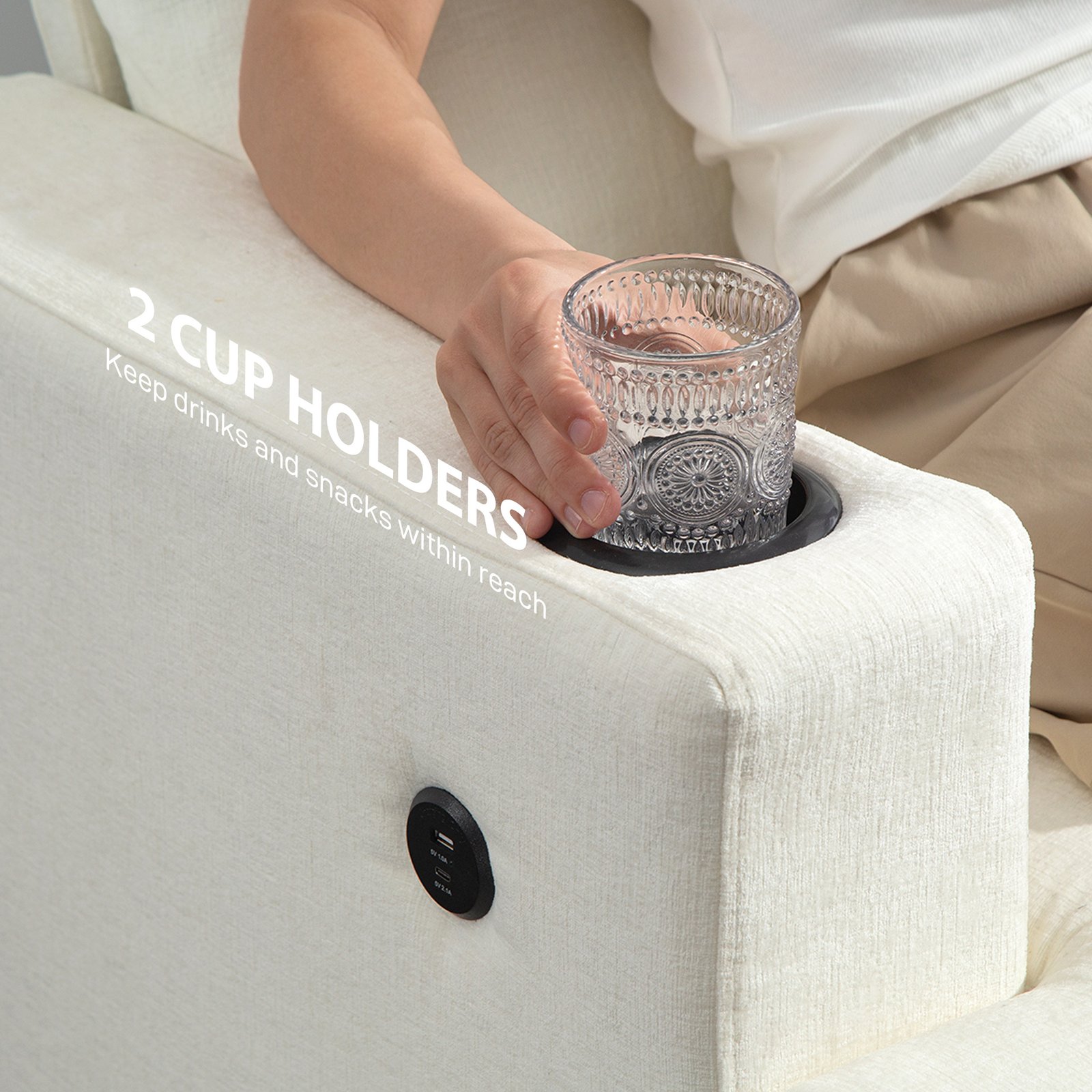 HOMCOM 3 Seater Sofa with USB Ports & Cup Holders - Cream White - Image 5