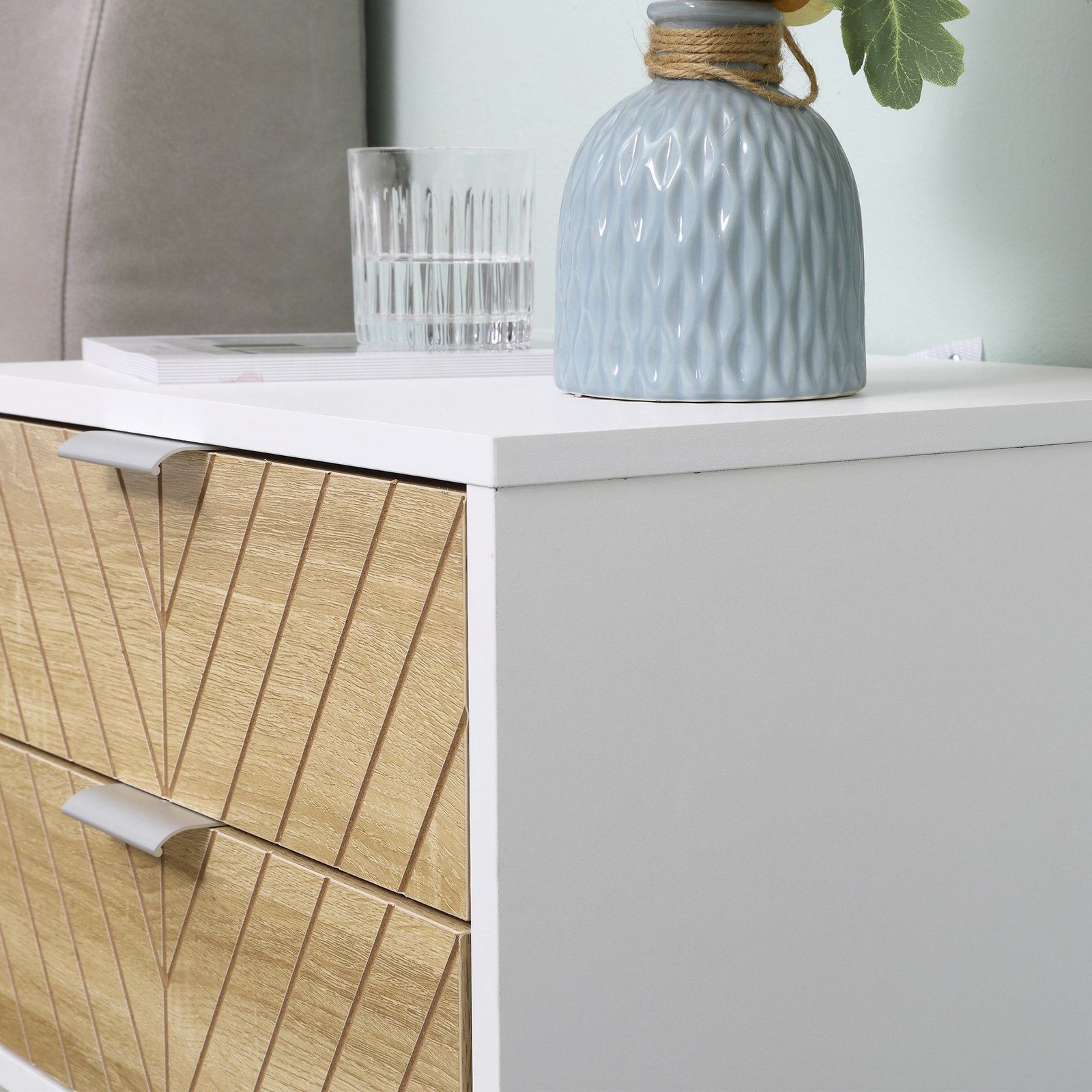 HOMCOM Modern Bedside Table with 2 Drawers and Metal Frame, Sofa Side Table for Bedroom Living Room, Set of 2, White and Oak - Image 7