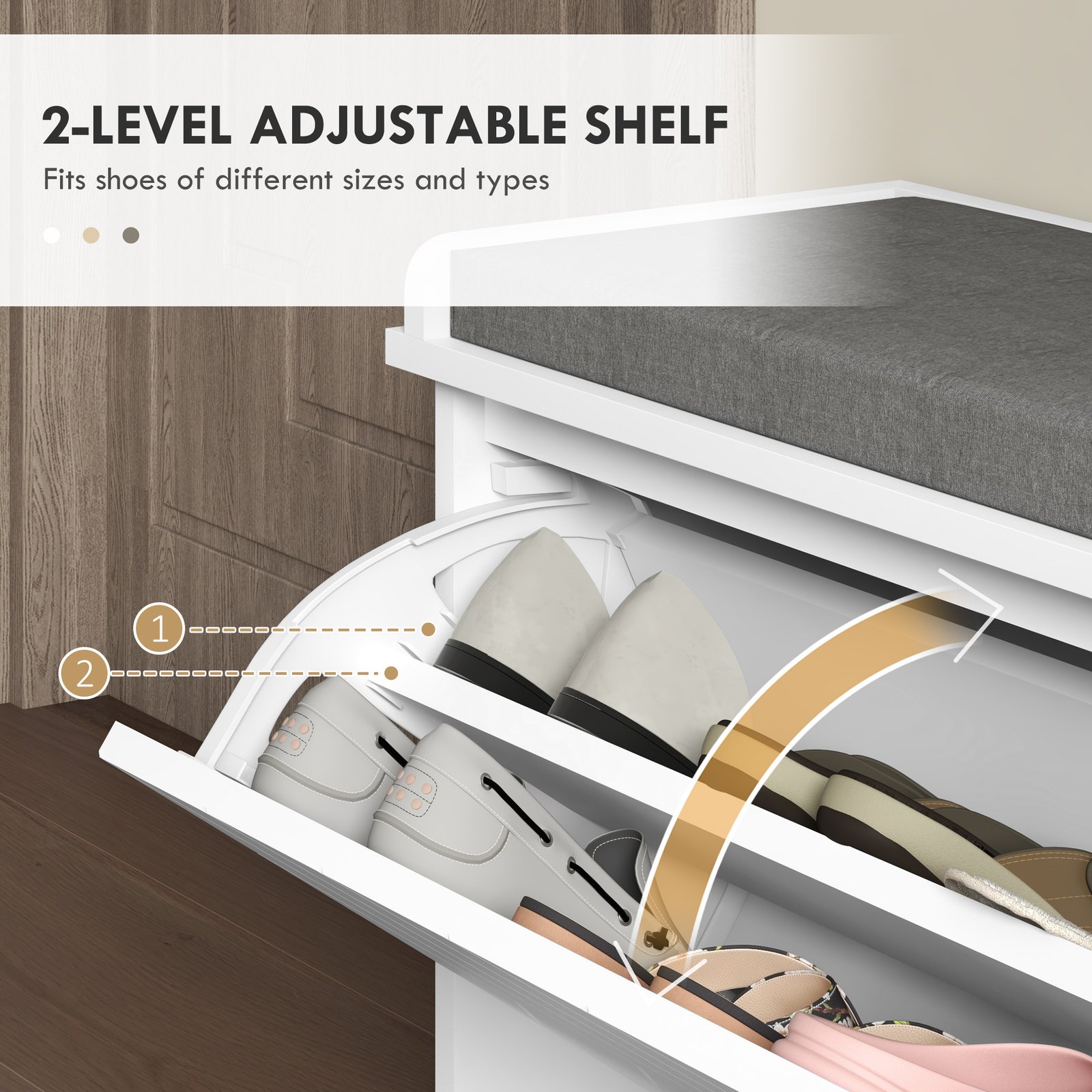 HOMCOM 10-Shoe Storage Bench, with Padded Top Seat - White/Grey - Image 5