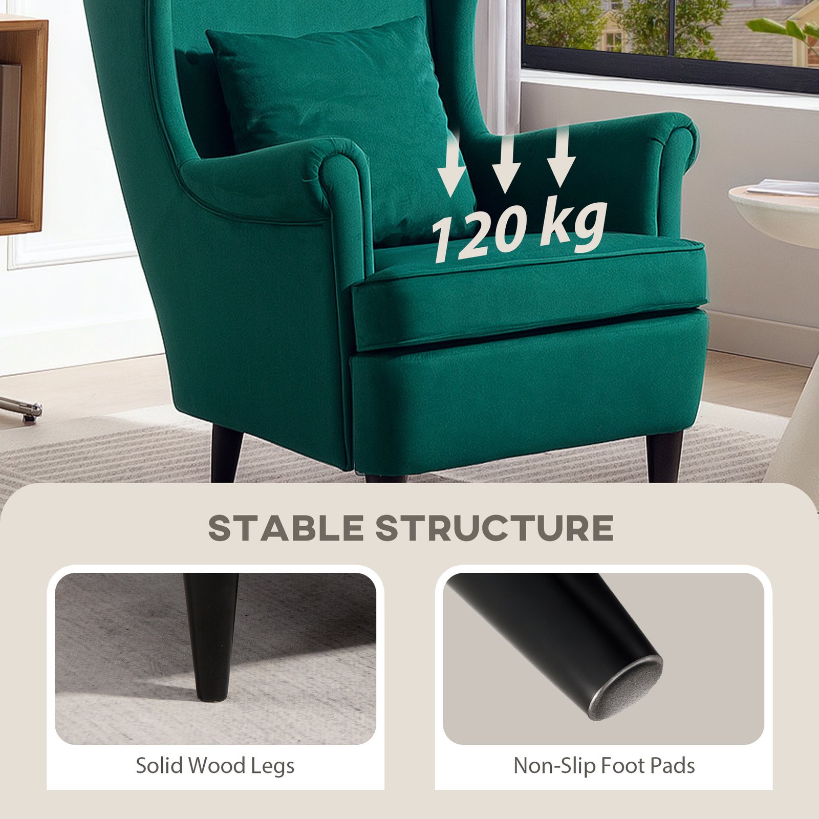 HOMCOM Modern Accent Chair, Upholstered Wingback Armchair with High Backrest and Pillow, Velvet-Feel Fabric Reading Chair with Solid Wood Legs for Living Room, Bedroom, Home Office, Dark Green - Image 5