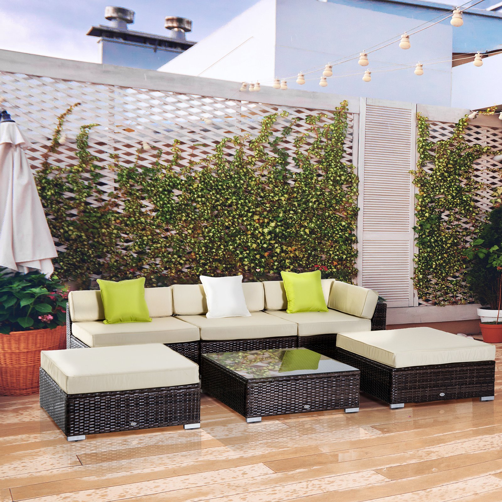 Outsunny 6 PC Rattan Sofa Coffee Table Set Sectional Wicker Weave Furniture for Garden Outdoor Conservatory w/ Pillow Cushion Brown - Image 2