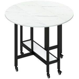 HOMCOM Folding Dining Table, Drop Leaf Table with Open Shelf, Rolling Kitchen Table for Dining Room, Small Spaces, White Marble