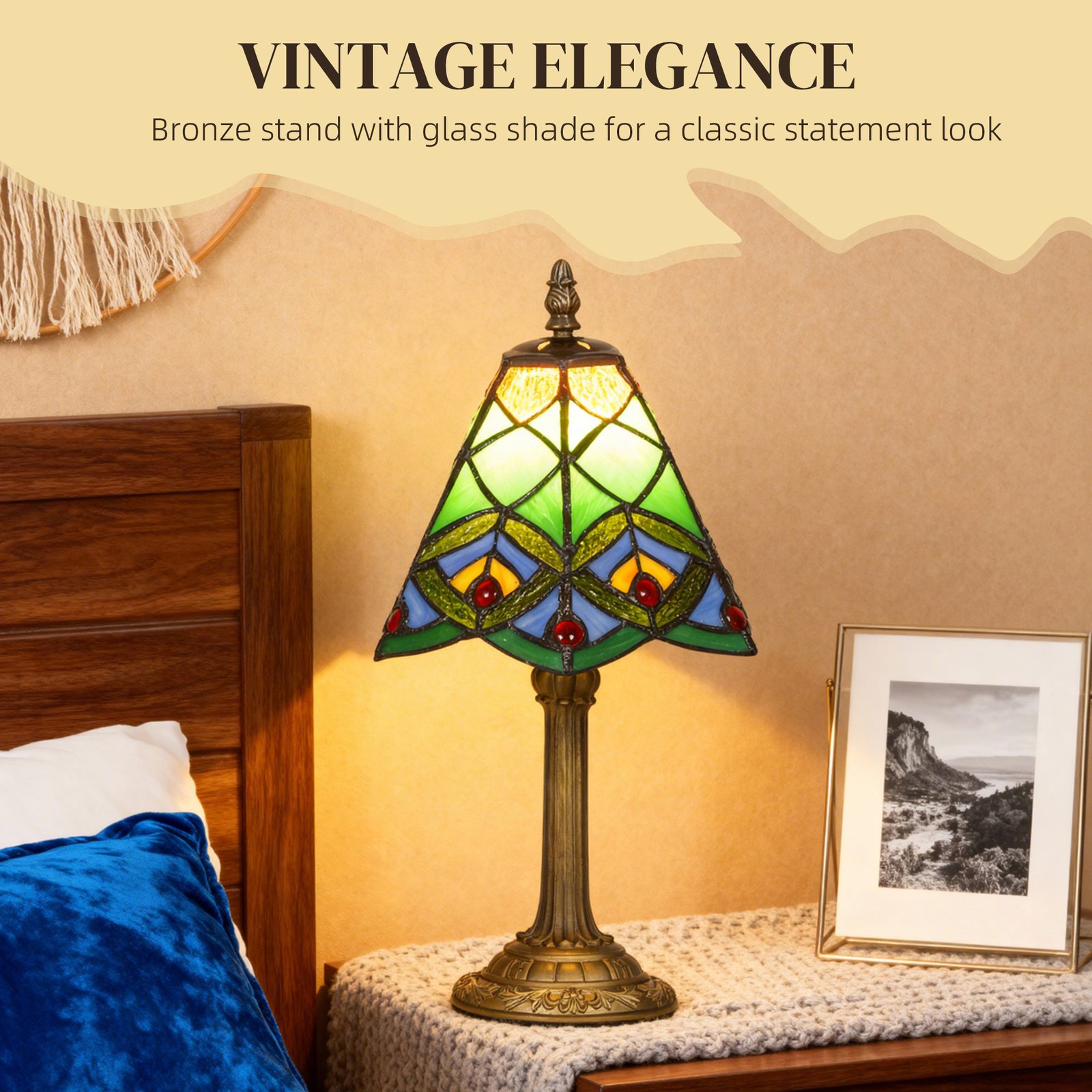 HOMCOM Tiffany-Style Table Lamp with Geometric Patterns, Handcrafted Antique Stained Glass Bedside Lamp for Living Room and Bedroom, E27 Socket, Green - Image 4