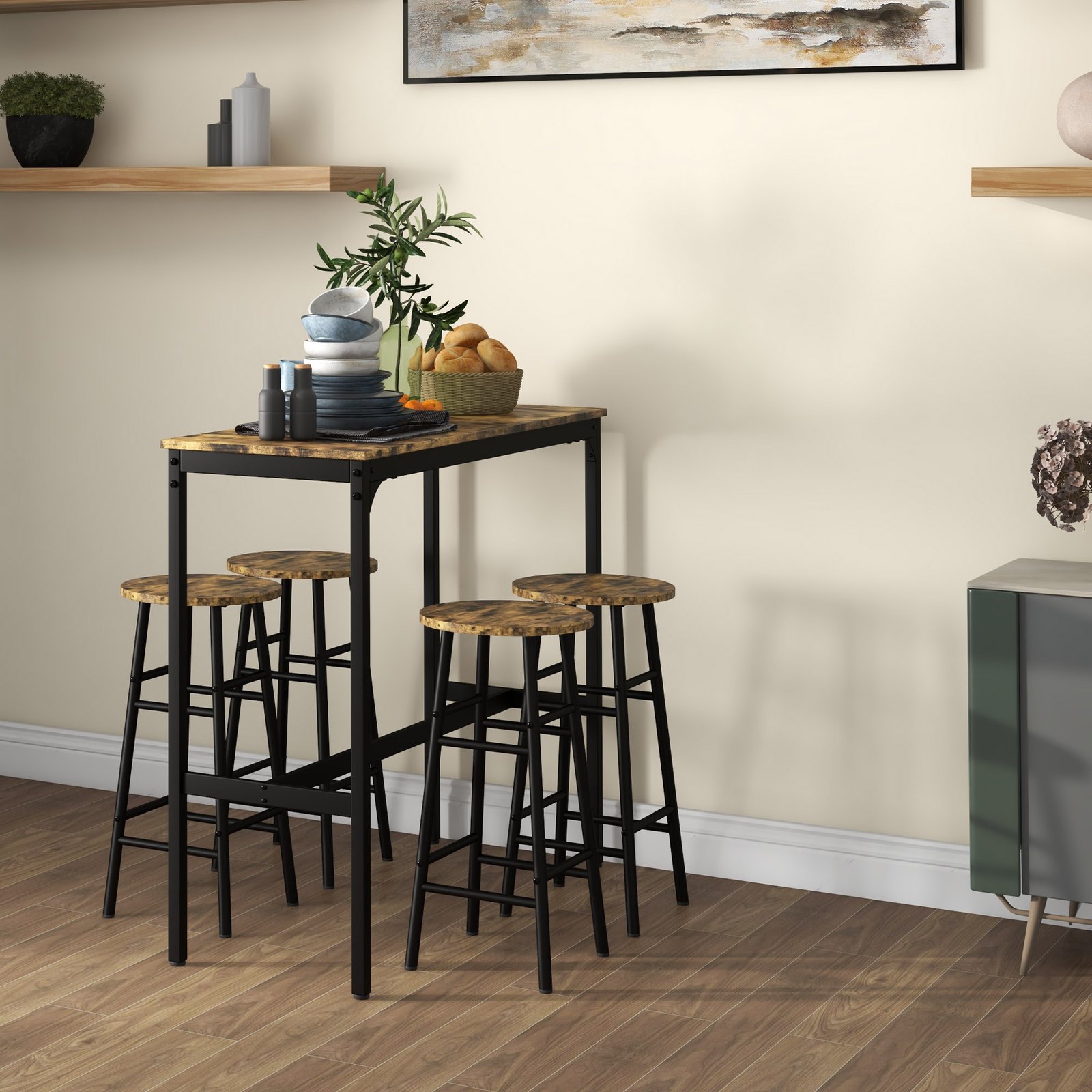 HOMCOM 5 Piece Bar Table Set with 4 Stools, Industrial Bar Table and Stool Set, Dining Table and Chair Set, Rustic Brown - Image 2