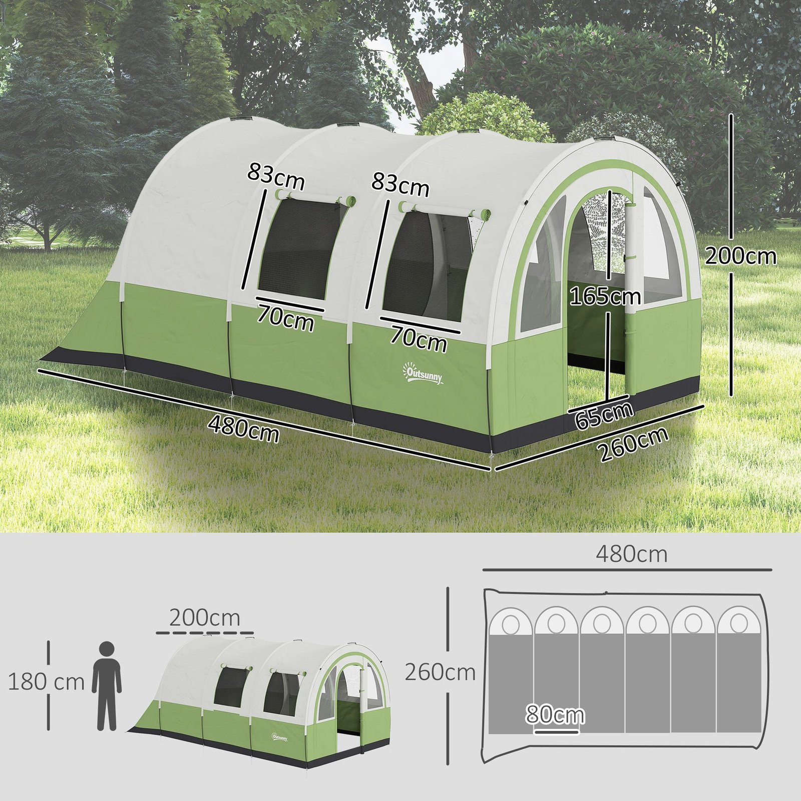 Outsunny 3000mm Waterproof Camping Tent, 5-6 Man Family Tent with Living and Bedroom, Carry Bag Included, Cream and Green - Image 3