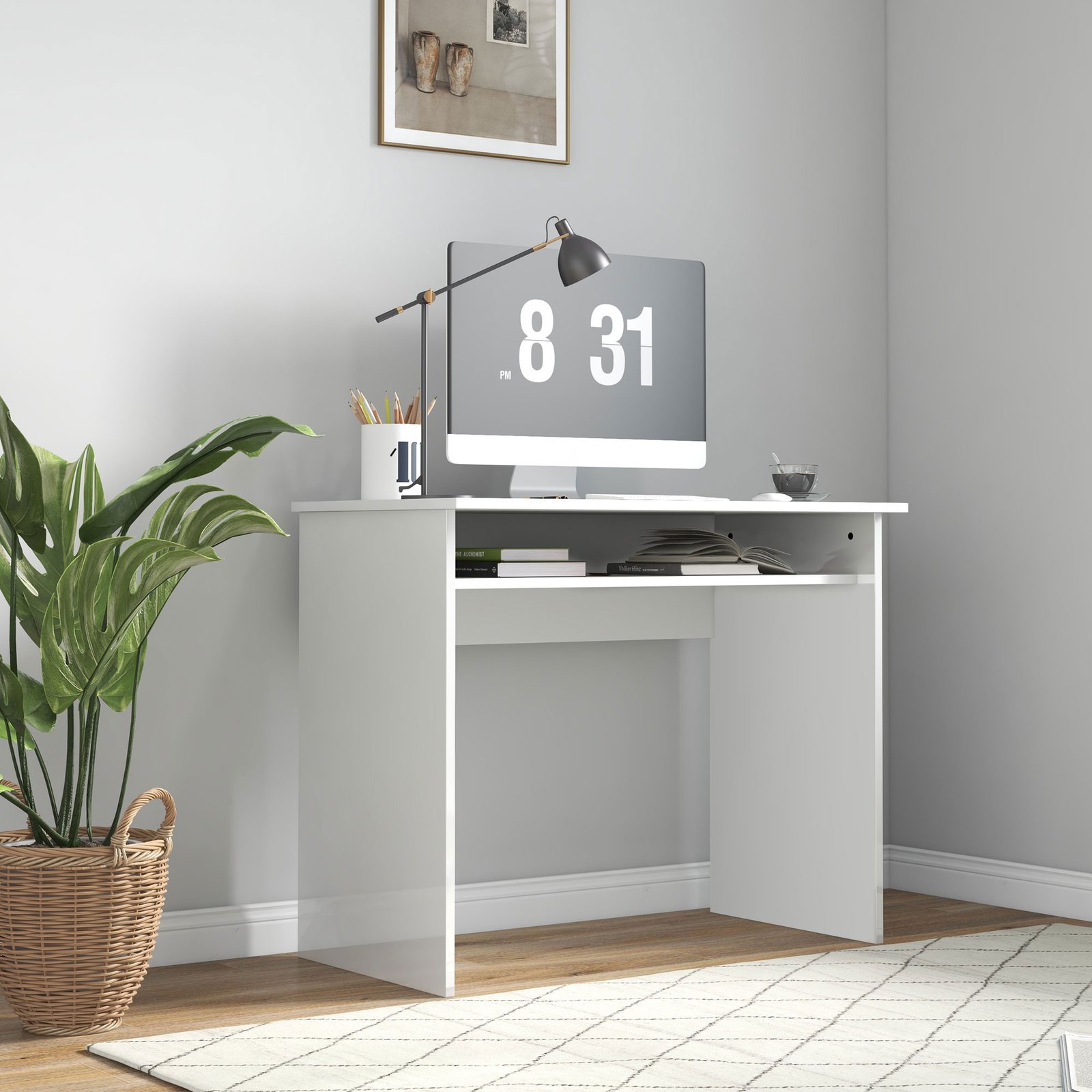 HOMCOM 90 x 50cm Computer Table, Modern Home Office Desk, Small Writing Desk with Storage Shelf, High Gloss White - Image 9