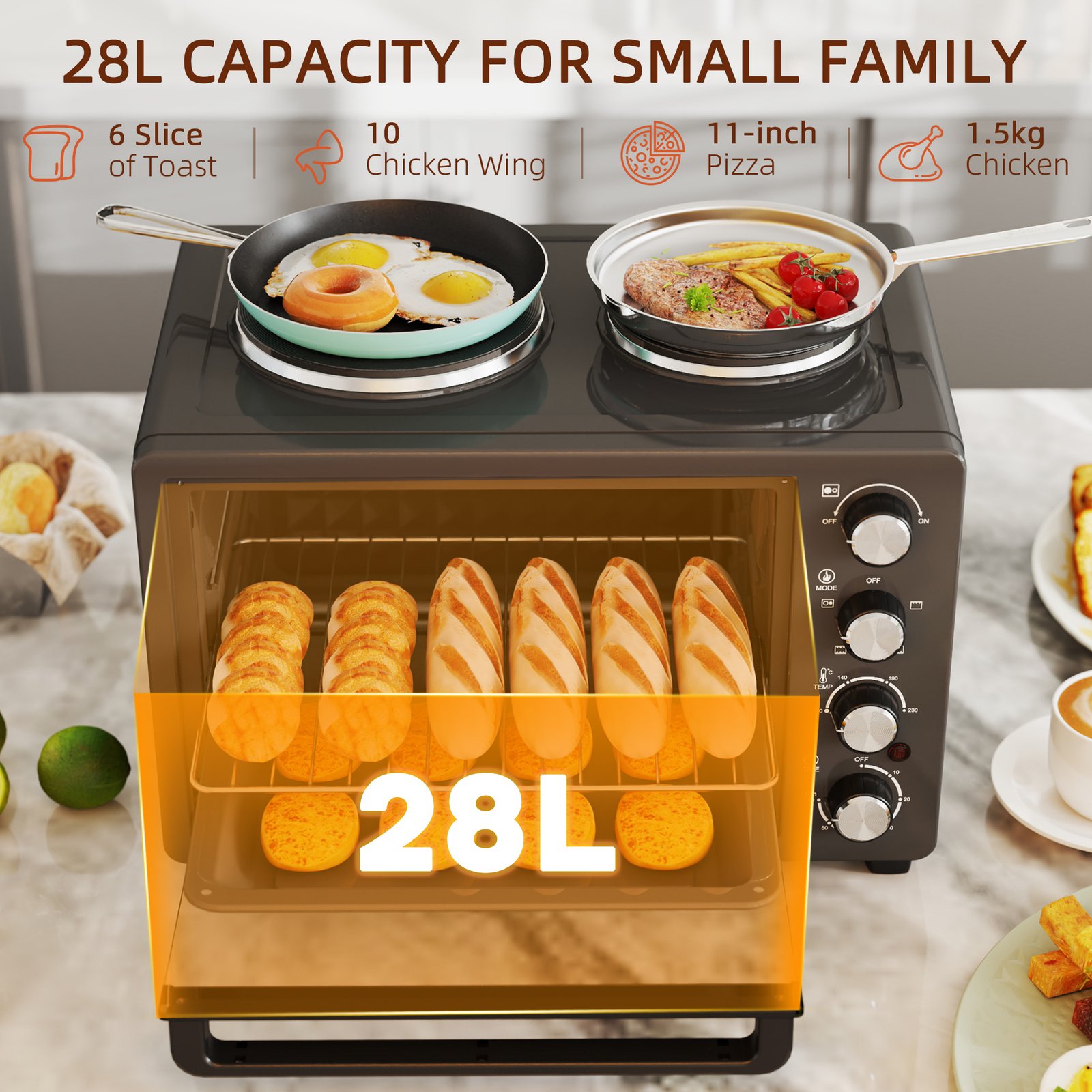 HOMCOM 28L Mini Oven with 2 Hot Plates, Countertop Toaster Oven, Grill, Roast, Bake, Boil, with Timer, Adjustable Temperature, Electric Oven with Baking Tray, Grill Rack, Crumb Tray, 2600W, Black - Image 5