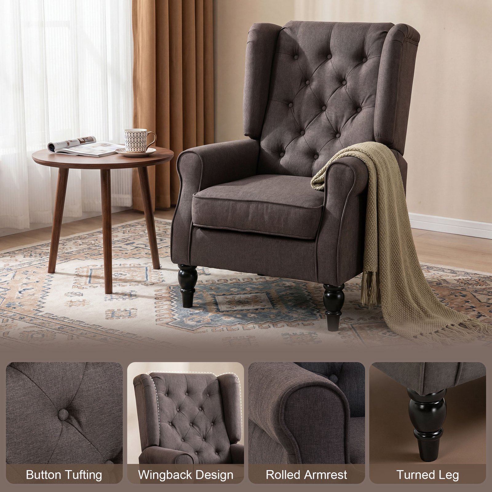 HOMCOM Wingback Accent Chair, Retro Upholstered Button Tufted Occasional Chair for Living Room and Bedroom, Brown - Image 4
