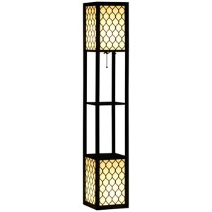 HOMCOM Floor Lamp with Shelves, Modern Tall Standing Lamps with Fabric Lampshade, Chain Switch and Dual Light for Living Room, Bedroom, Bulb not Included, Black