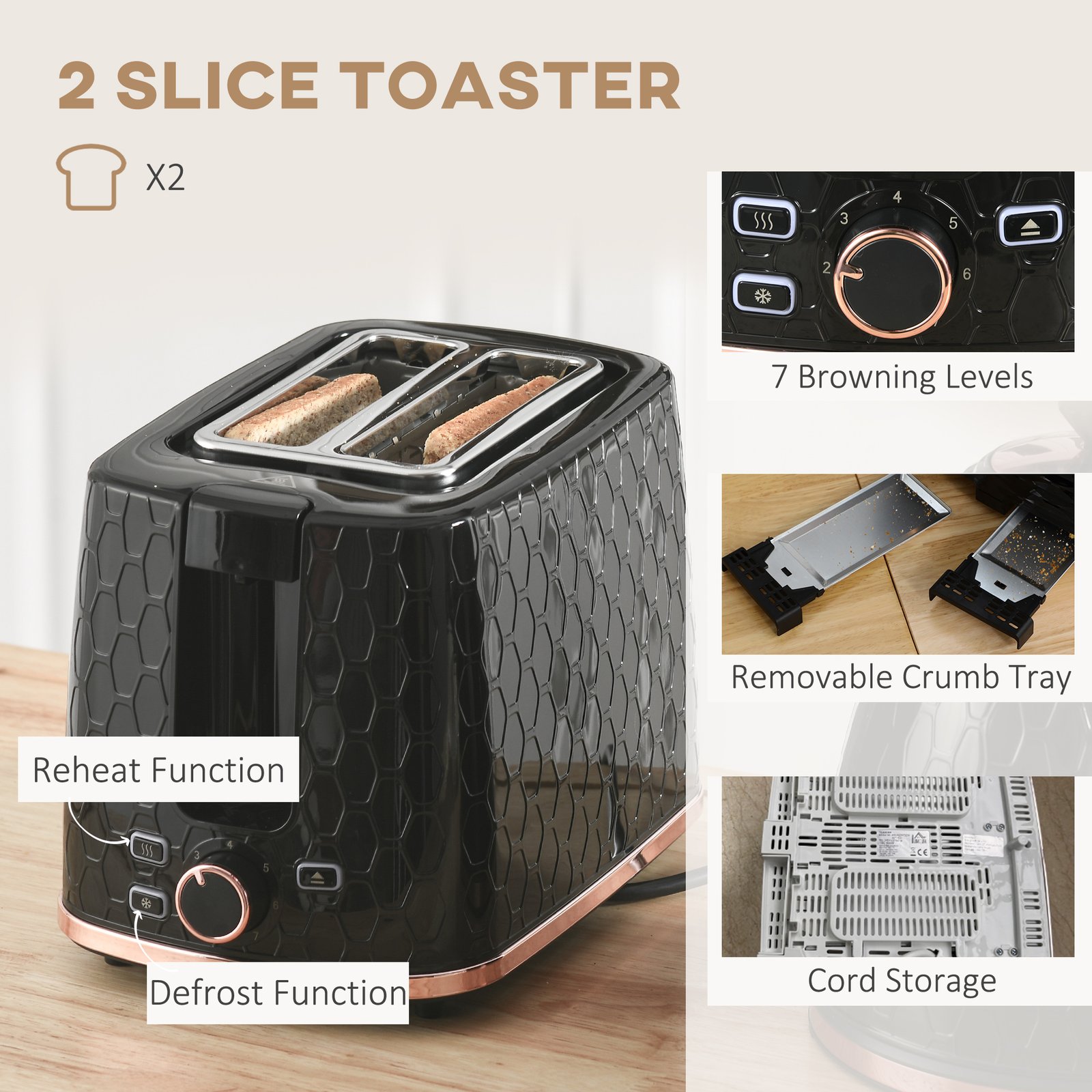 HOMCOM 1.7L 3000W Fast Boil Kettle & 2 Slice Toaster Set, Kettle and Toaster Set with Auto Shut Off, Browning Controls, Black - Image 5