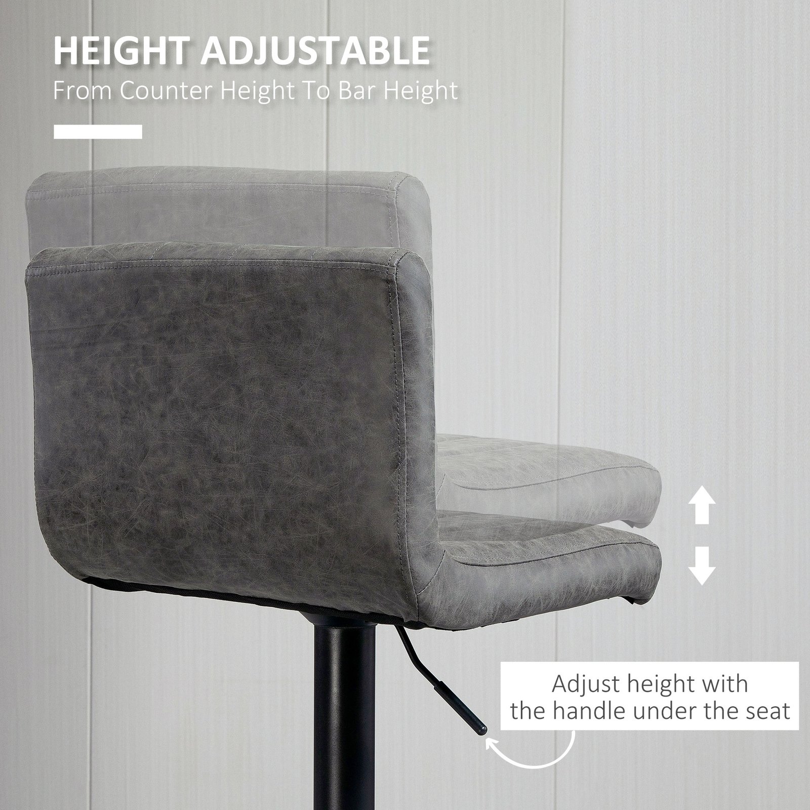 HOMCOM Adjustable Barstools Set of 2, Swivel Counter Bar Chairs, Bar Stools with Footrest, PU Leather, Gas Lift, Grey - Image 6