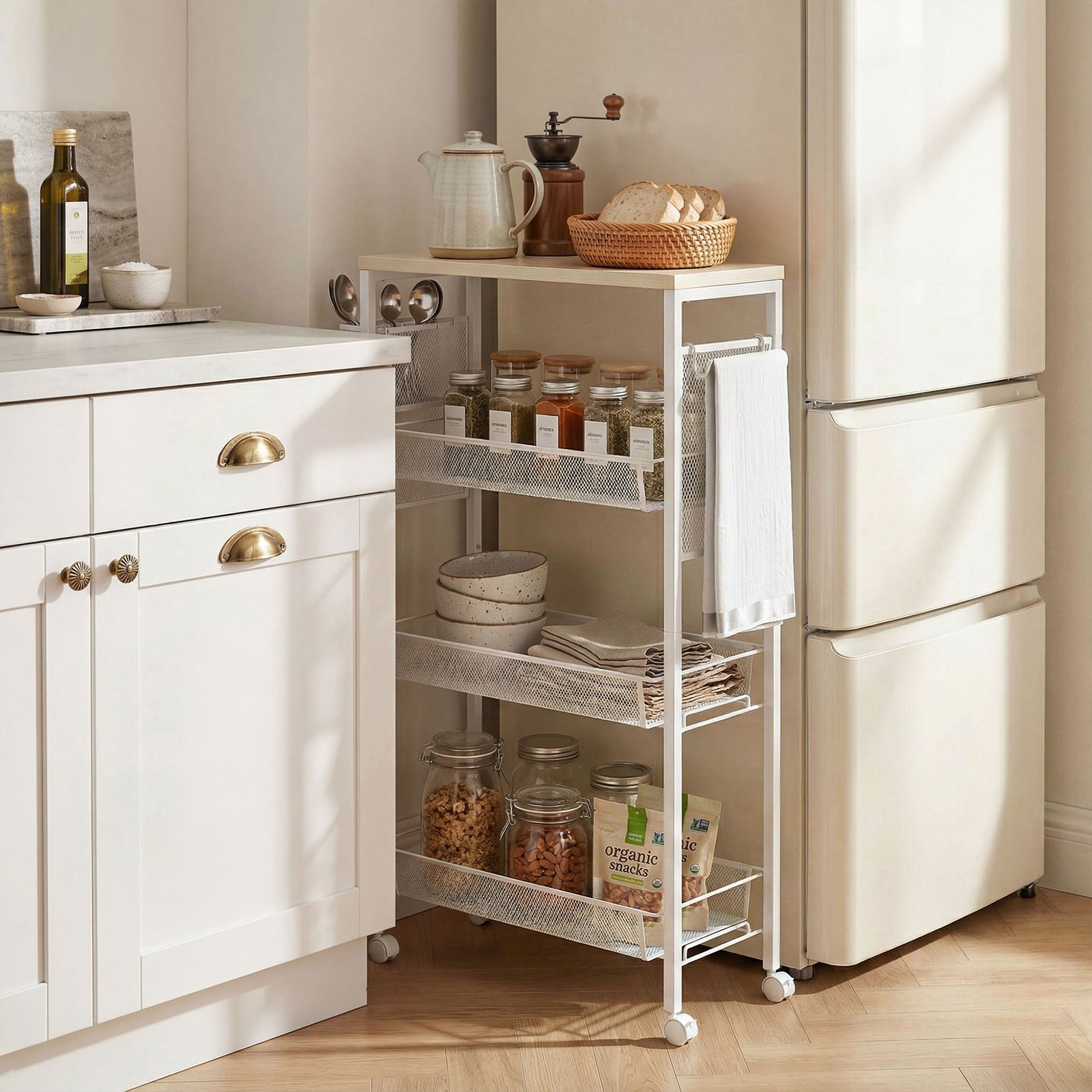 HOMCOM 3-Tier Kitchen Cart with 3 Steel Wire Baskets - White - Image 2
