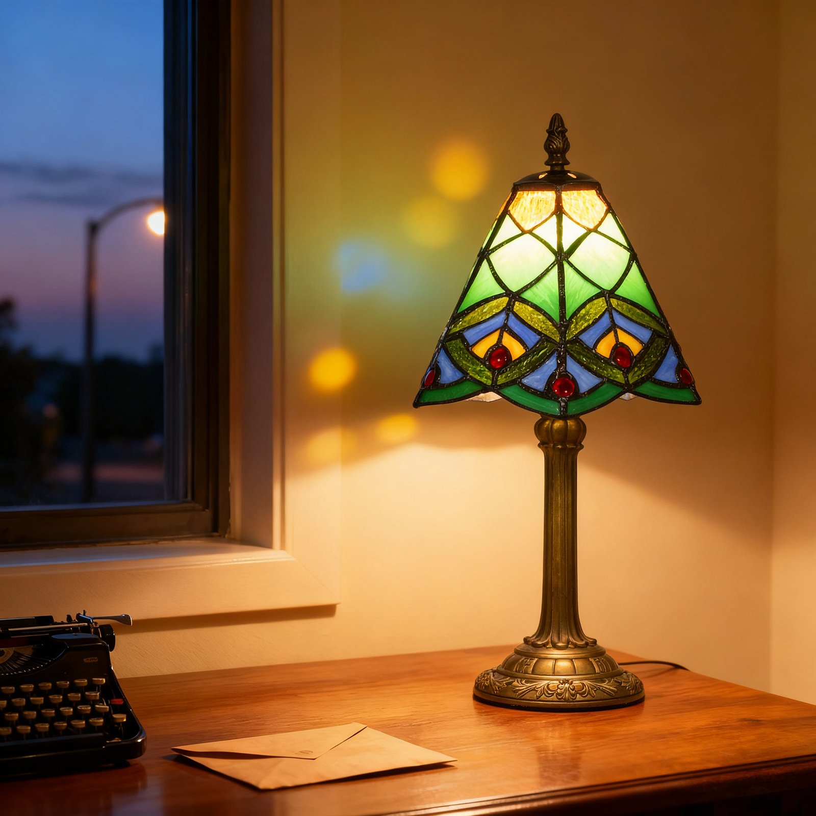 HOMCOM Tiffany-Style Table Lamp with Geometric Patterns, Handcrafted Antique Stained Glass Bedside Lamp for Living Room and Bedroom, E27 Socket, Green - Image 8