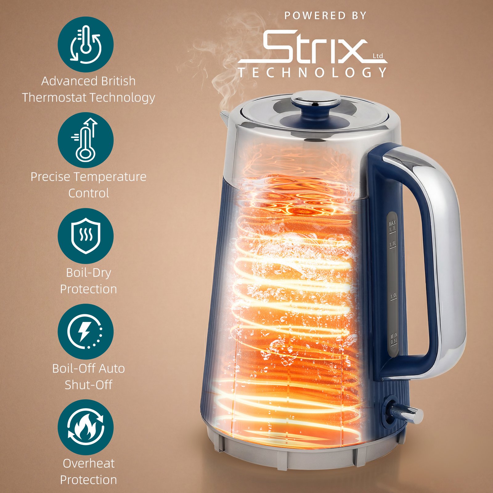 HOMCOM Electric Stainless Steel Kettle and Toaster Set, 3000W 1.7L UK Strix Thermostat Dark Blue - Image 4