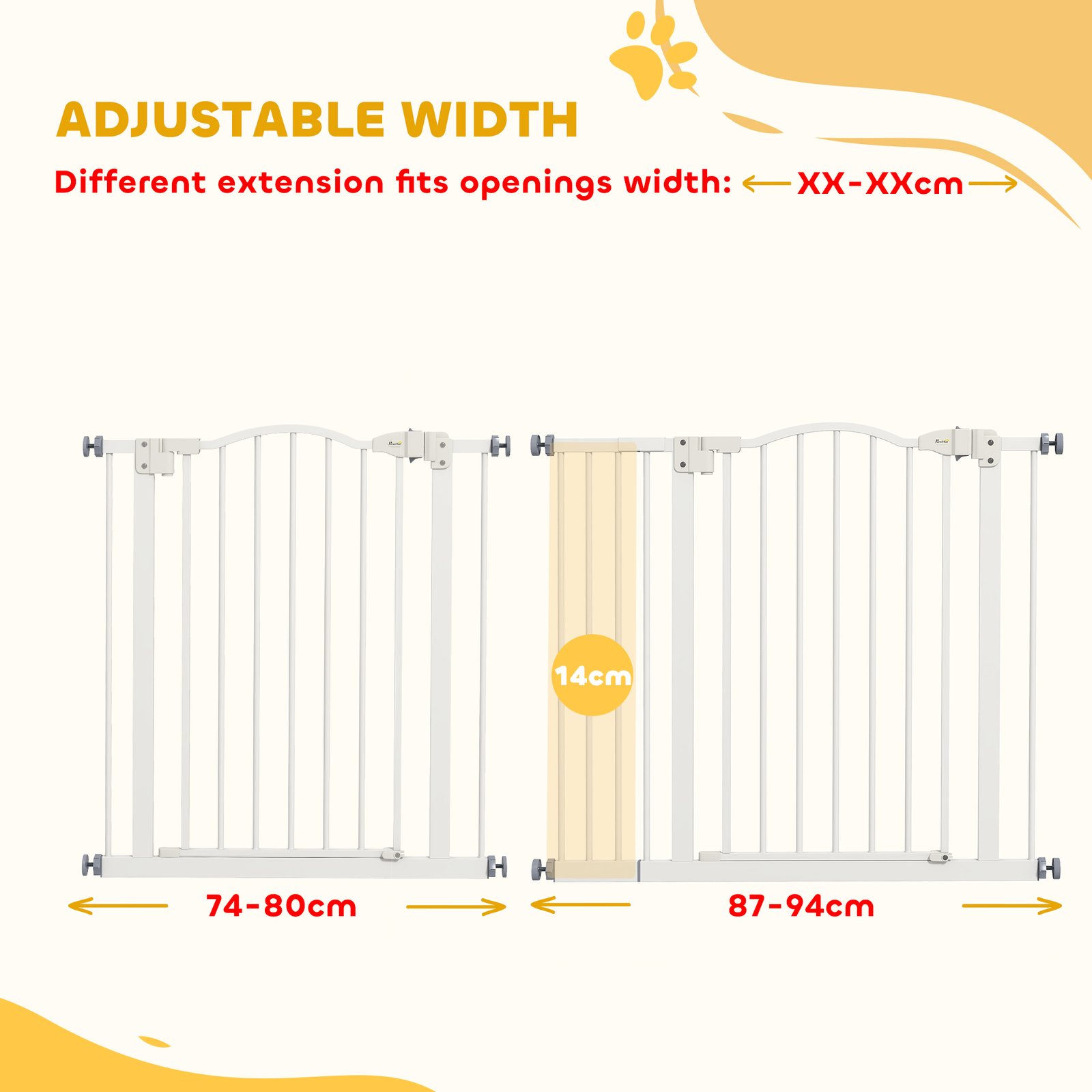 PawHut Metal 74-94cm Adjustable Pet Gate Safety Barrier w/ Auto-Close Door White - Image 4