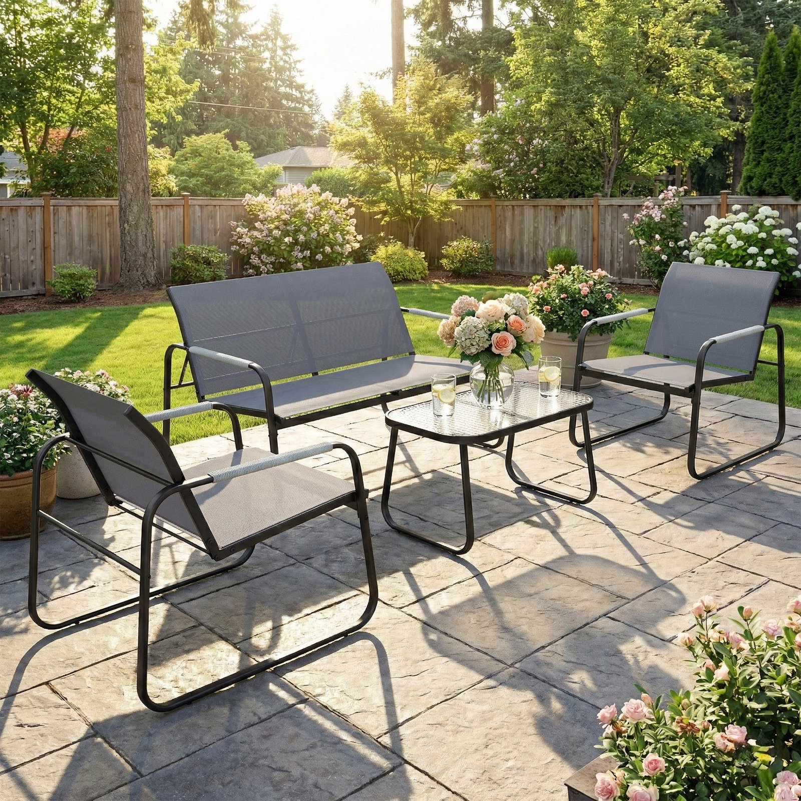 Outsunny 4 Piece Garden Furniture Set, Garden Sofa Set with Loveseat, 2 Armchairs, Tempered Glass Table for Balcony, Grey - Image 2