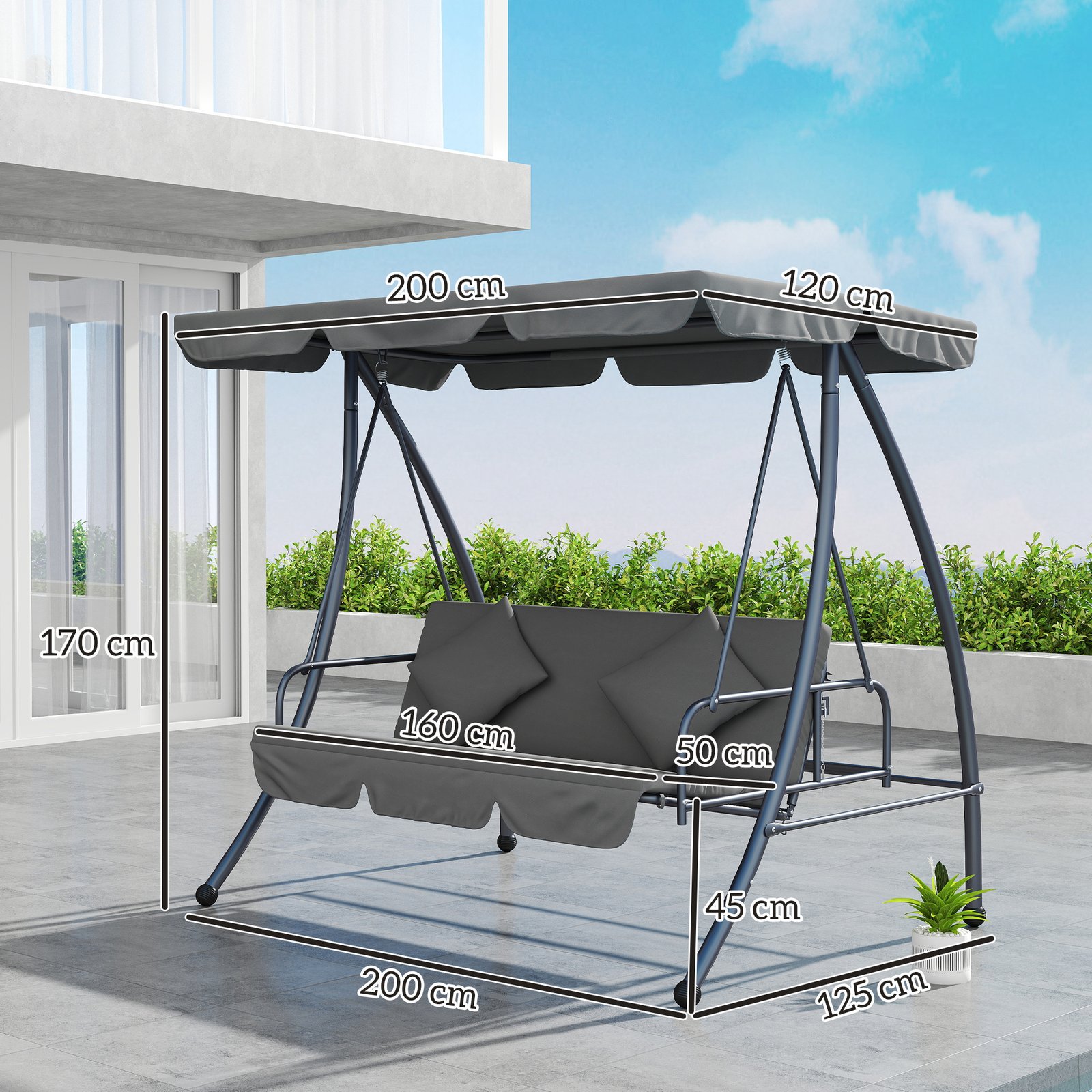 Outsunny Outdoor 2-in-1 Swing Chair Lounger 3 Seater Garden Swing Seat Bed Convertible Tilt Canopy W/ Cushion, Light Grey - Image 3