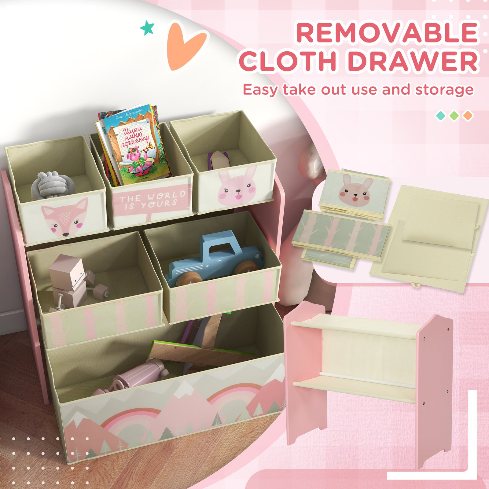 ZONEKIZ Kids Storage Unit, Toy Storage Organiser, with Six Fabric Bins, for Bedrooms, Playrooms, Nurseries - Pink - Image 5