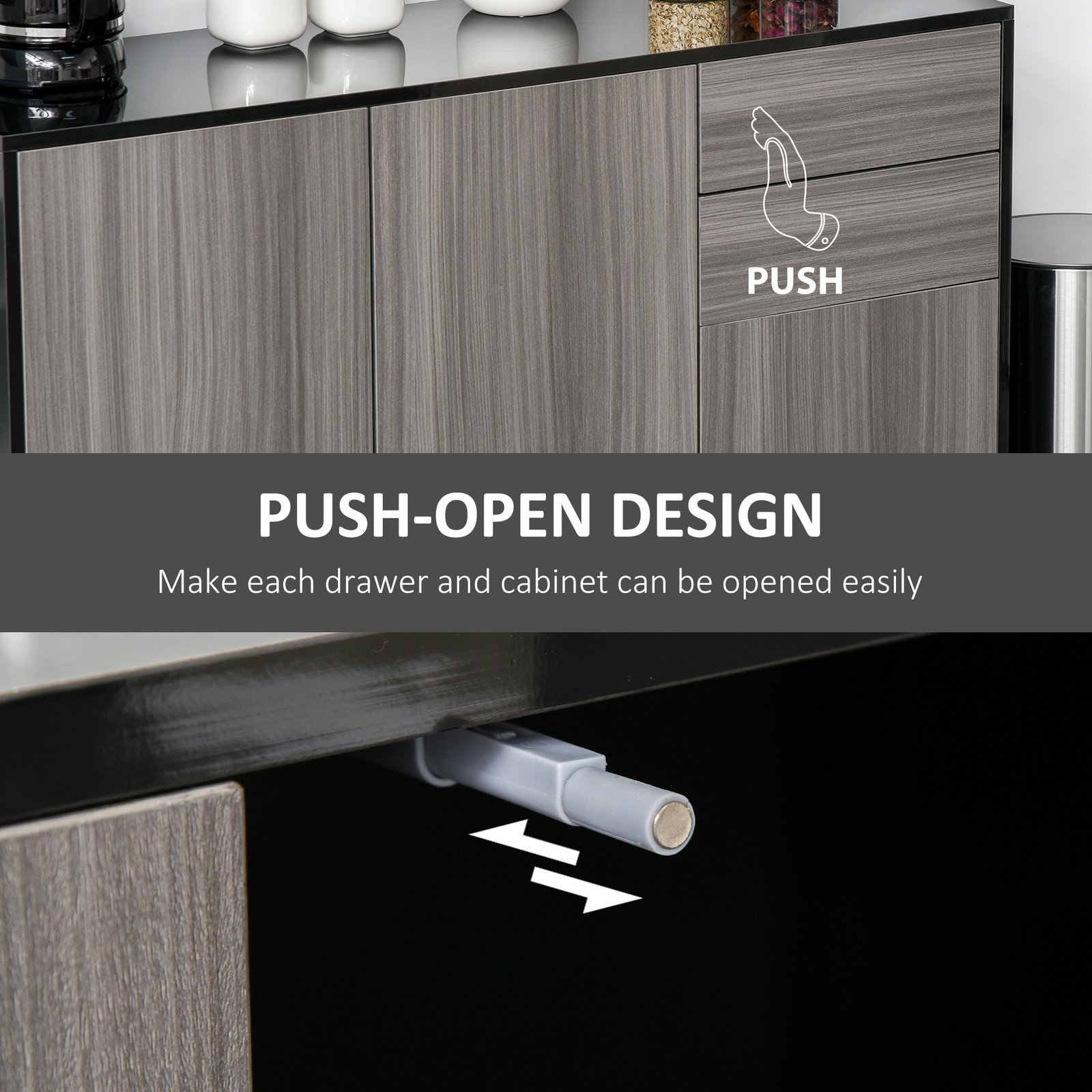 HOMCOM High Gloss Side Cabinet, Push-Open Design with 2 Drawers and 2 Cabinets for Living Room, 74H x 117W x 36Dcm, Light Grey and Black - Image 6