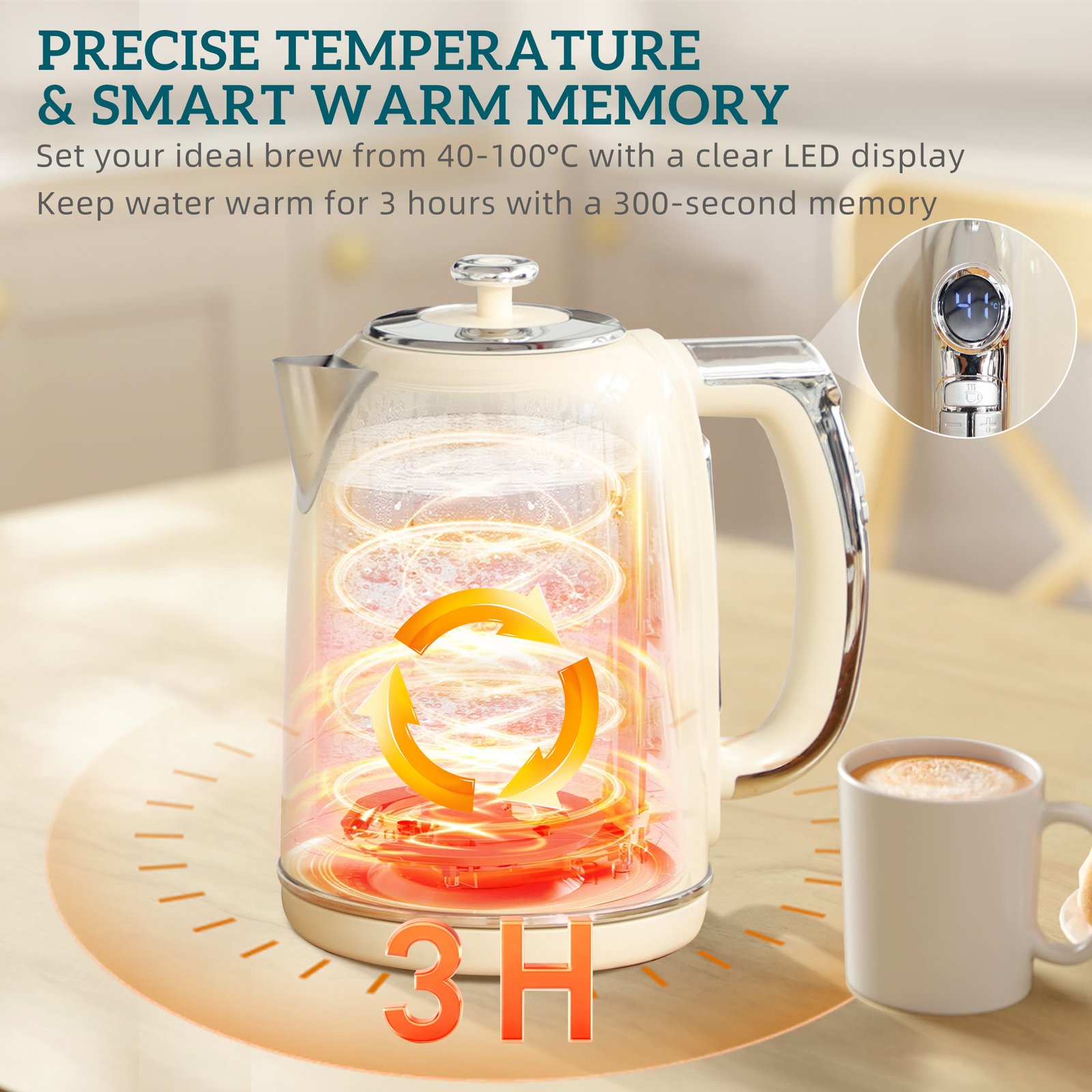 HOMCOM Polished Retro 40-100°C Kettle and Toaster Set - Cream - Image 5