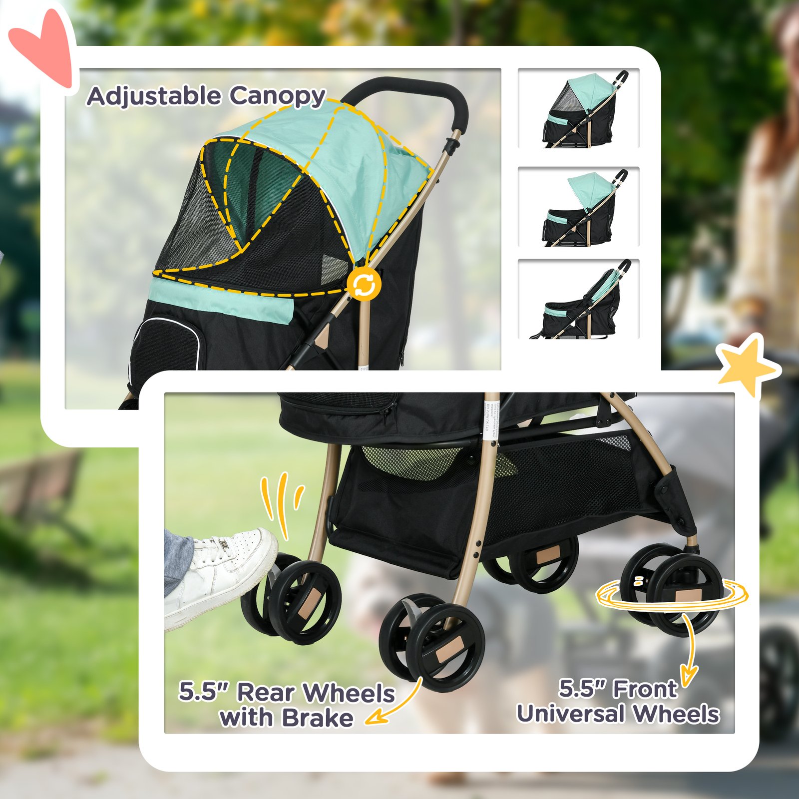 PawHut Pet Stroller for Small and Miniature Dogs, with Rain Cover - Green - Image 7
