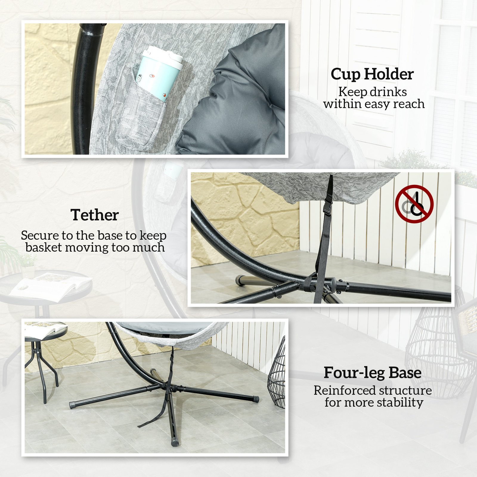 Outsunny Hanging Egg Chair Outdoor Indoor Garden Swing Chair with Folding Basket, Thickened Cushion, Cup Holder for Patio, Balcony, Grey - Image 7