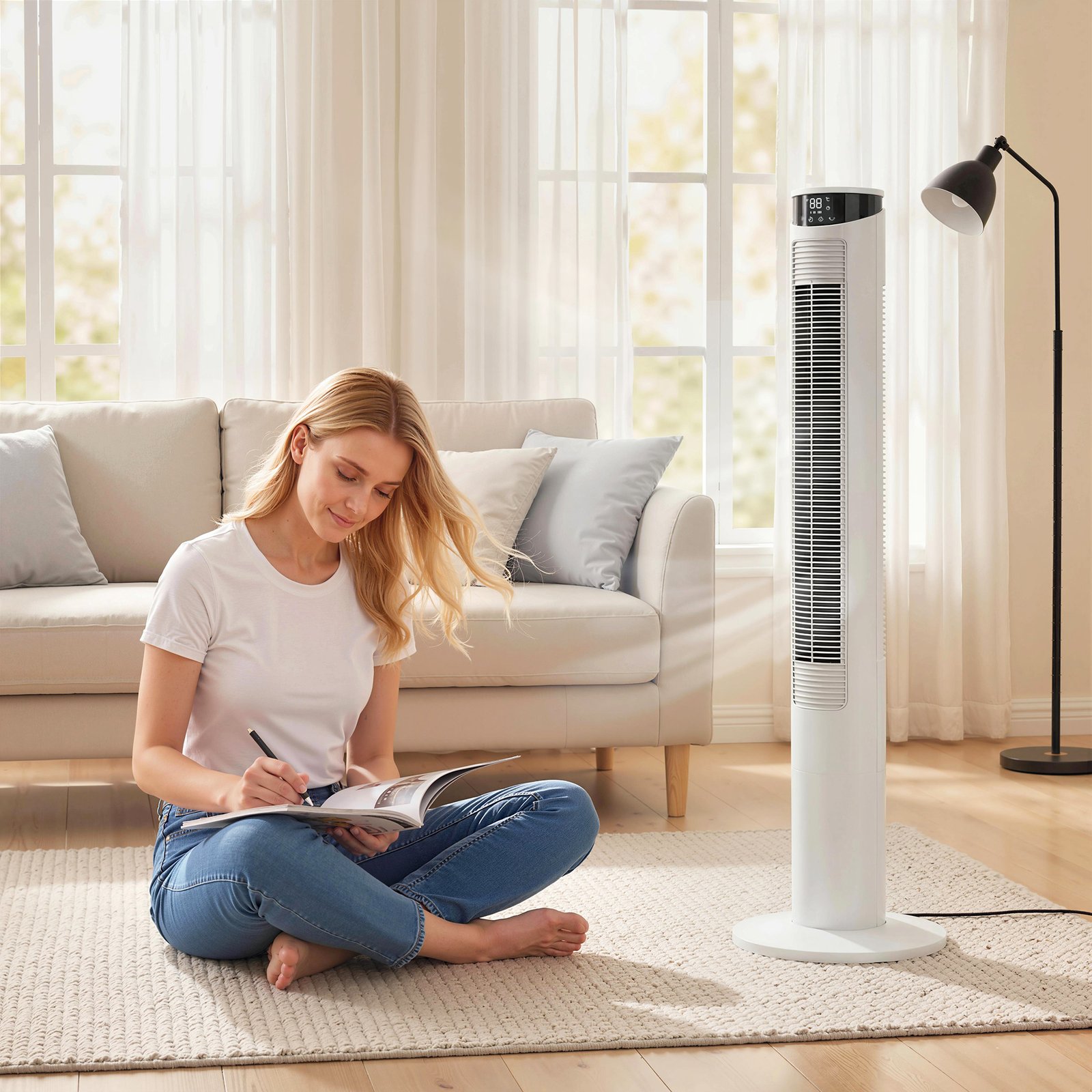 HOMCOM Tower Fan with WiFi Control Standing Floor Fan with Remote Control 116 cm White - Image 2