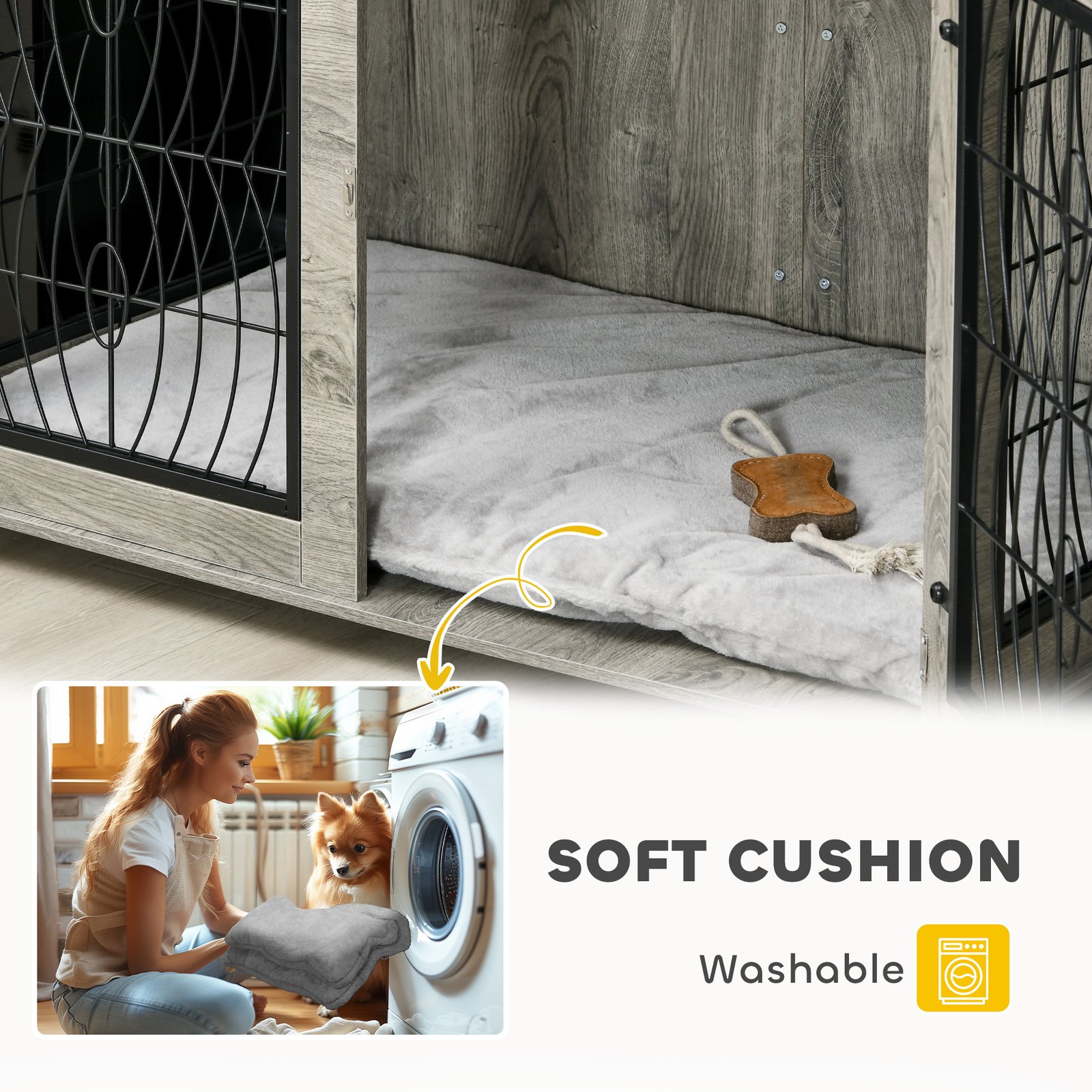 PawHut 46.46'' Dog Crate Furniture Table with Soft Washable Cushion and Lockable Door, for Large Indoor Dogs, Grey - Image 6