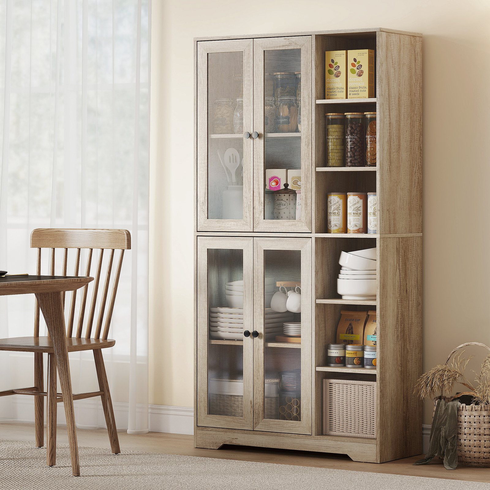 HOMCOM Multi-Storage Kitchen Cabinet, with Glass Doors - Grey Wood-Effect - Image 2