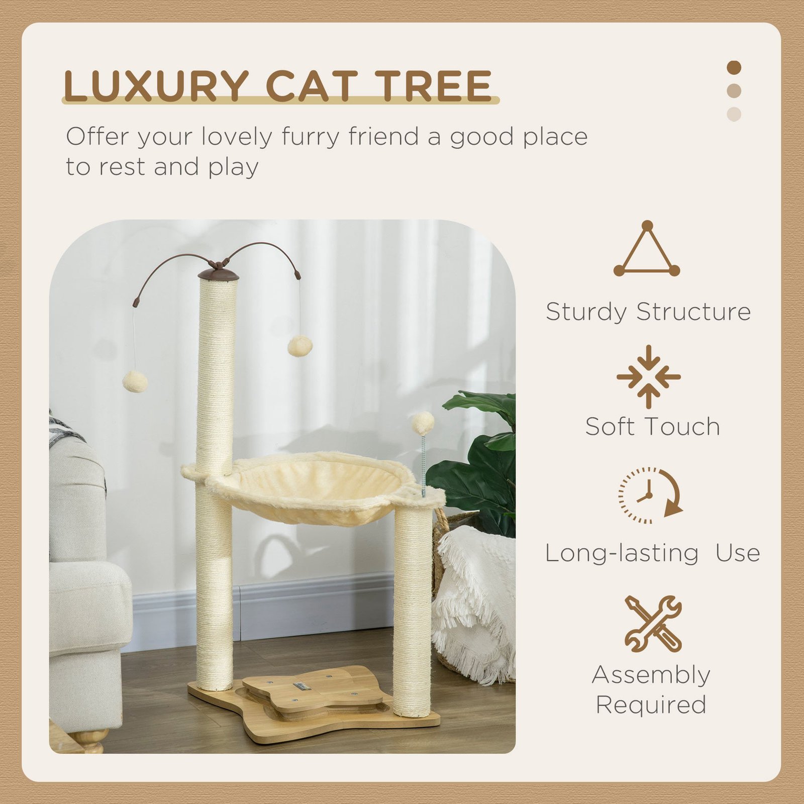 PawHut Cat Tree, with Scratching Posts, Hammock, Toy Ball - Beige - Image 4