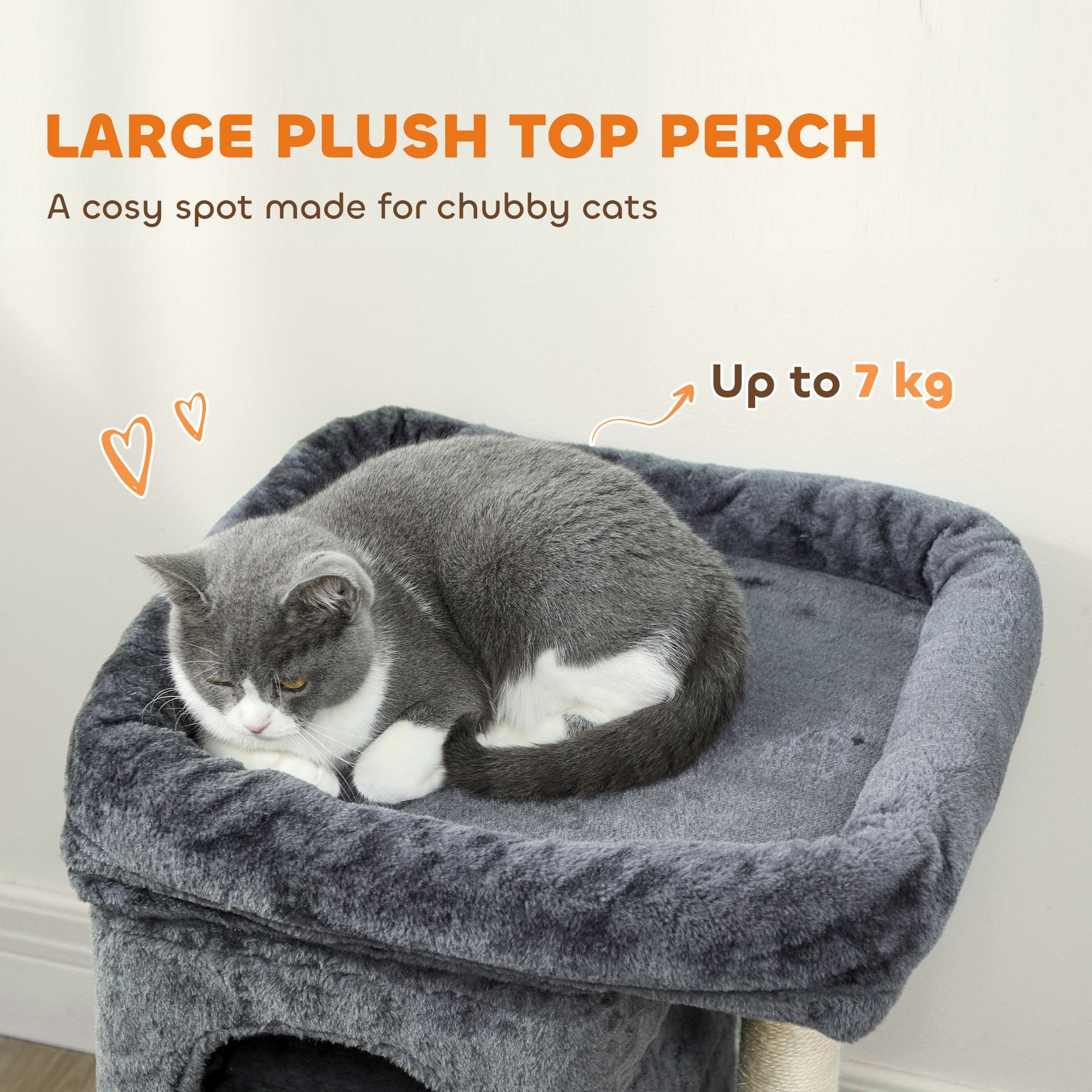 PawHut 66 cm Small Cat Tree for Large Cats, Cat Tower w/ Large Top Perch, 2 Condos, Sisal Scratching Post, Toy Ball, Dark Grey - Image 4