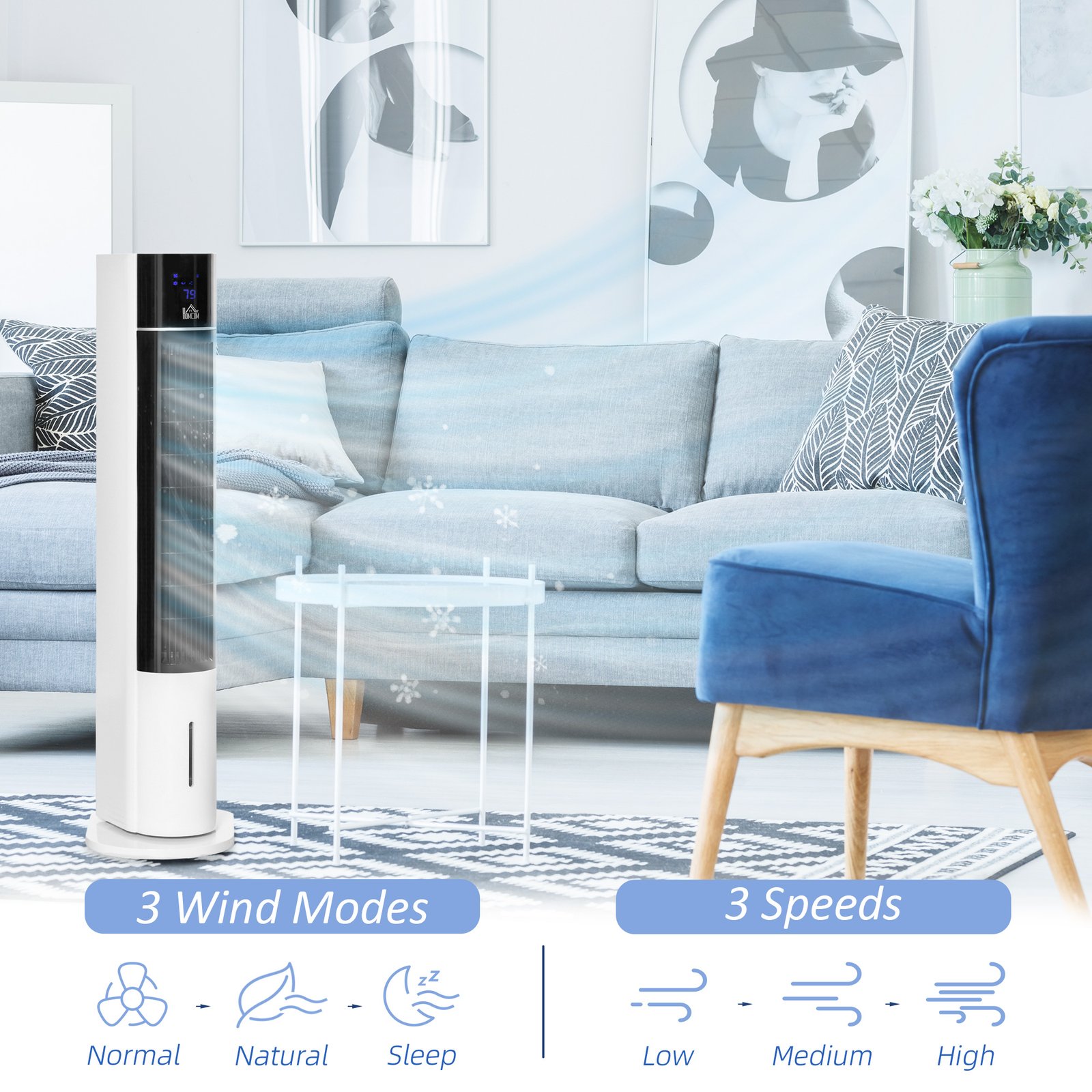 HOMCOM Portable Air Cooler, 3L Tank Evaporative Ice Cooling Tower Fan with 3 Modes, 3 Speeds, Remote, Timer, 60° Oscillating, Portable Swamp Cooler for Home Bedroom, White - Image 6