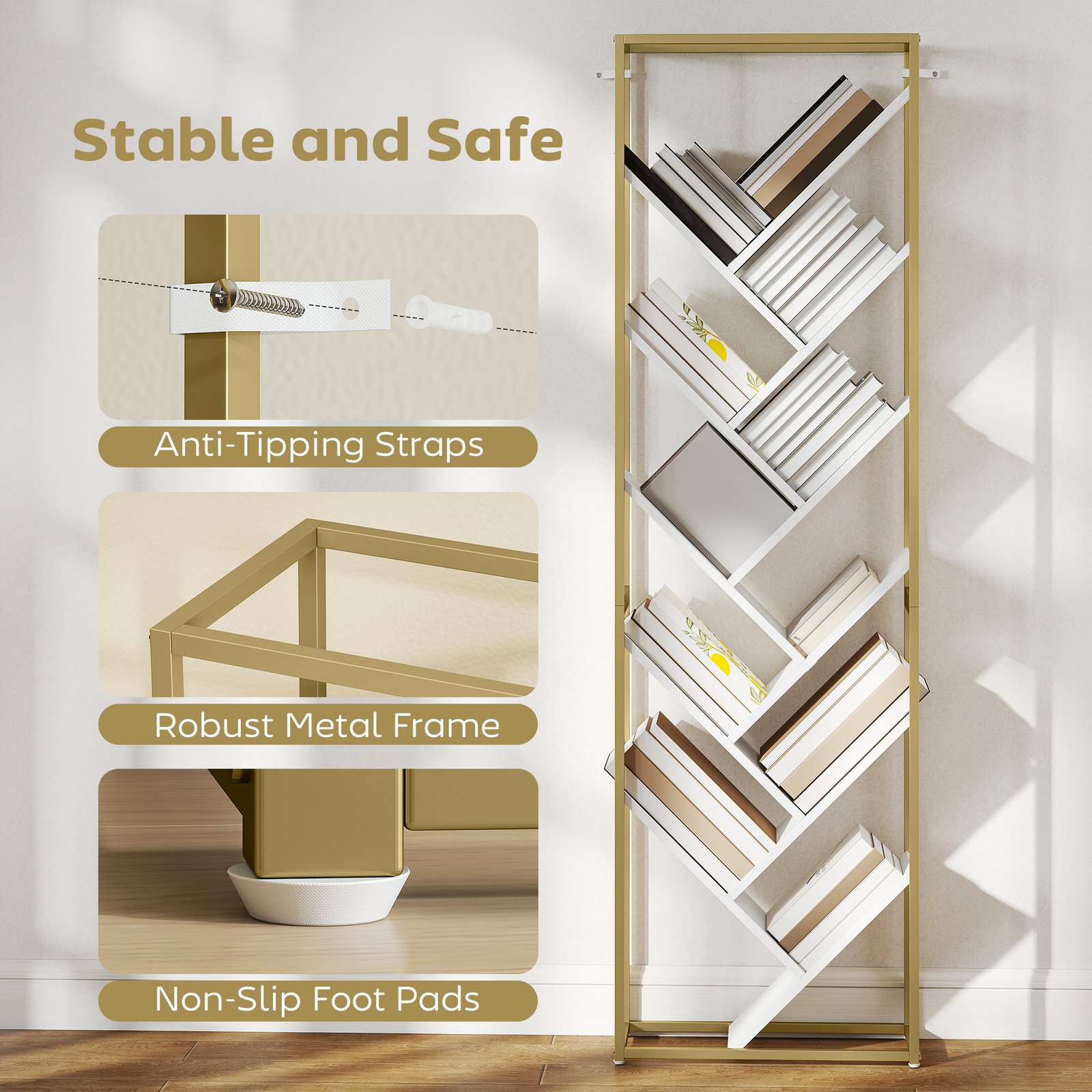 HOMCOM 10 Shelf Modern-Style Bookshelf - Gold Tone/White - Image 7