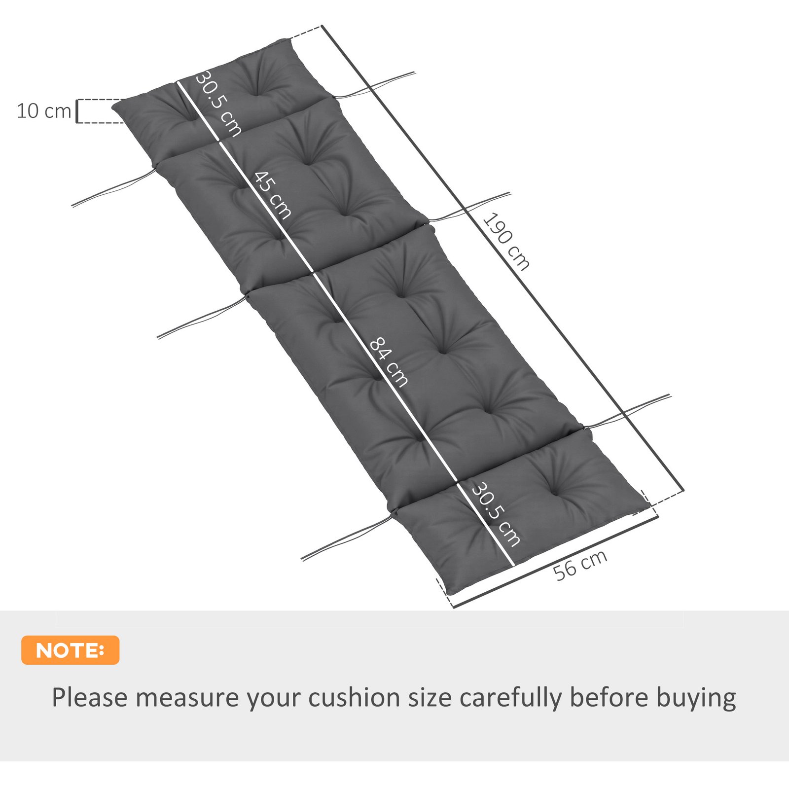 Outsunny Sun Lounger Cushions Only, 190x56x10cm Garden Lounge Chair Cushions, UPF20+ 220gsm Fabric, Thick Sunbed Replacement Pads with 6 Ties, Dark Grey - Image 3