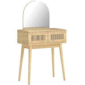 HOMCOM Dressing Table, Compact Vanity Desk with Mirror and 2 Drawers, Natural Wood Finish