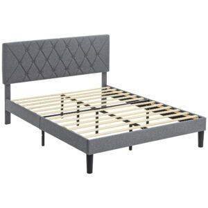 HOMCOM Double Bed Frame with 5-Level Adjustable Linen Upholstered Headboard 145W x 196D x 120Hcm, Grey