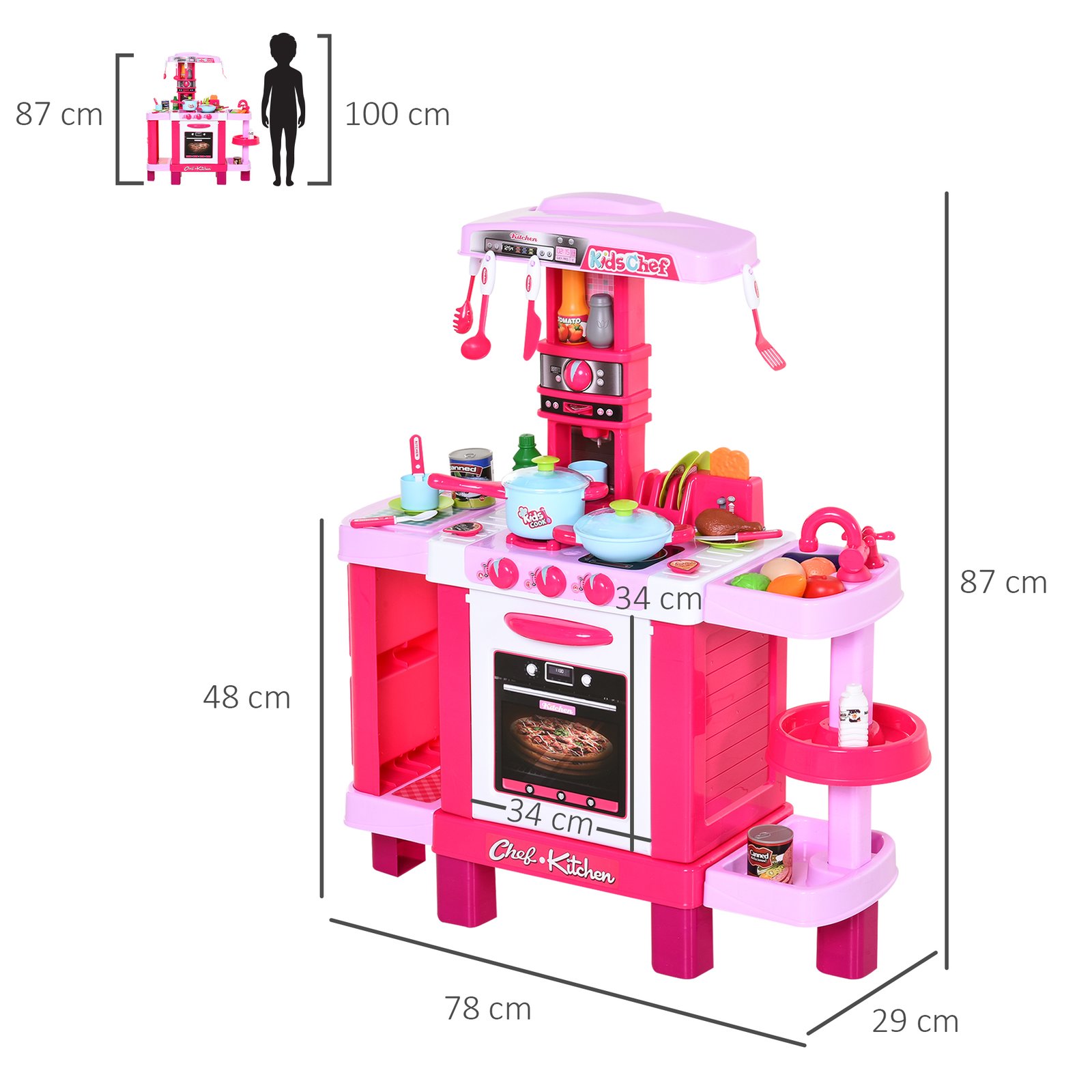 HOMCOM 38 Pcs Kids Children Kitchen Play Set w/ Realistic Sounds Lights Food Utensils Pots Pans Appliances Toy Game Pink - Image 3