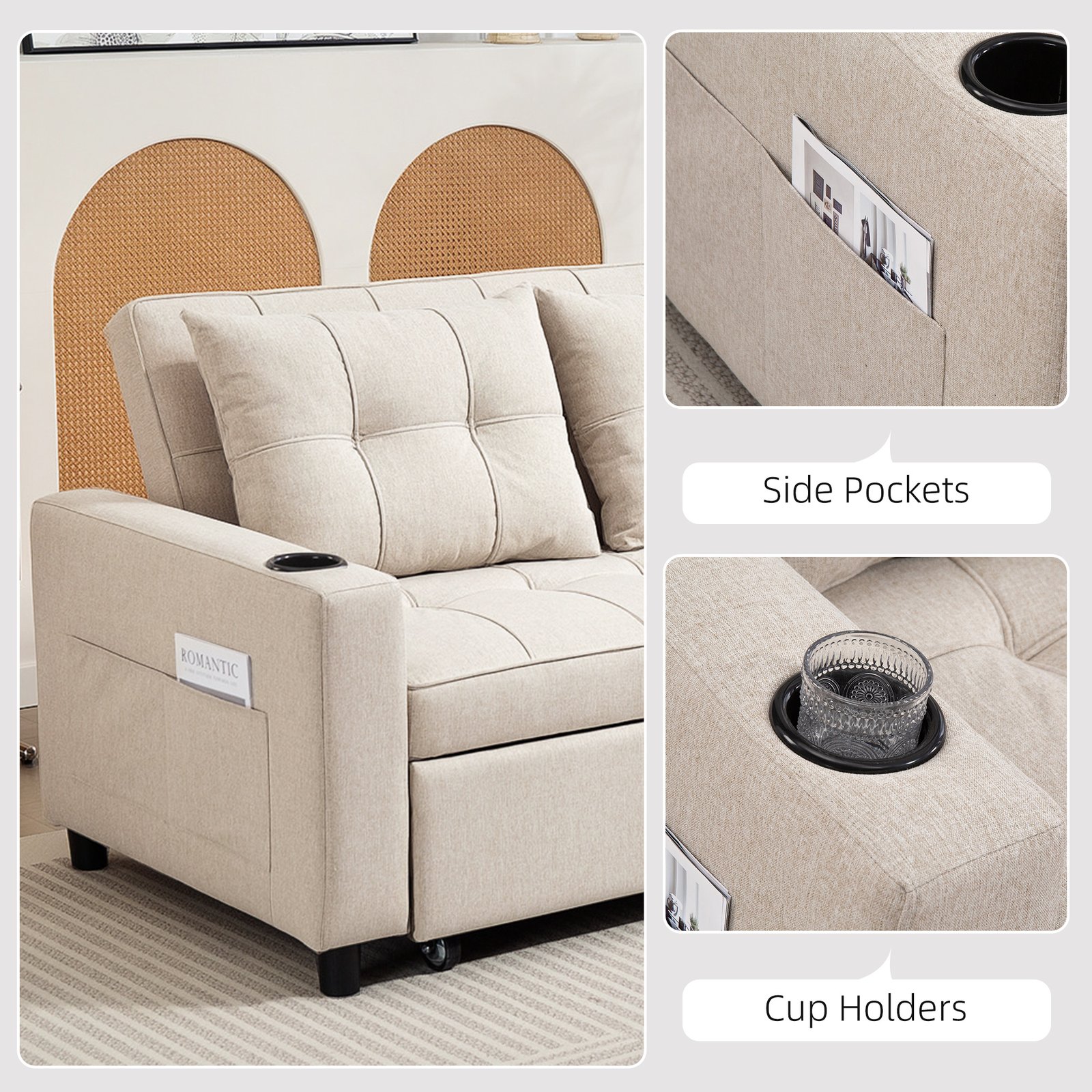 HOMCOM Two-Seater Pull-Out Sofa Bed - Beige - Image 7
