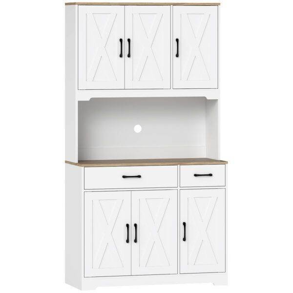 HOMCOM 175 cm Tall Kitchen Pantry Cabinet with Microwave Stand, Freestanding Pantry Cupboard, White