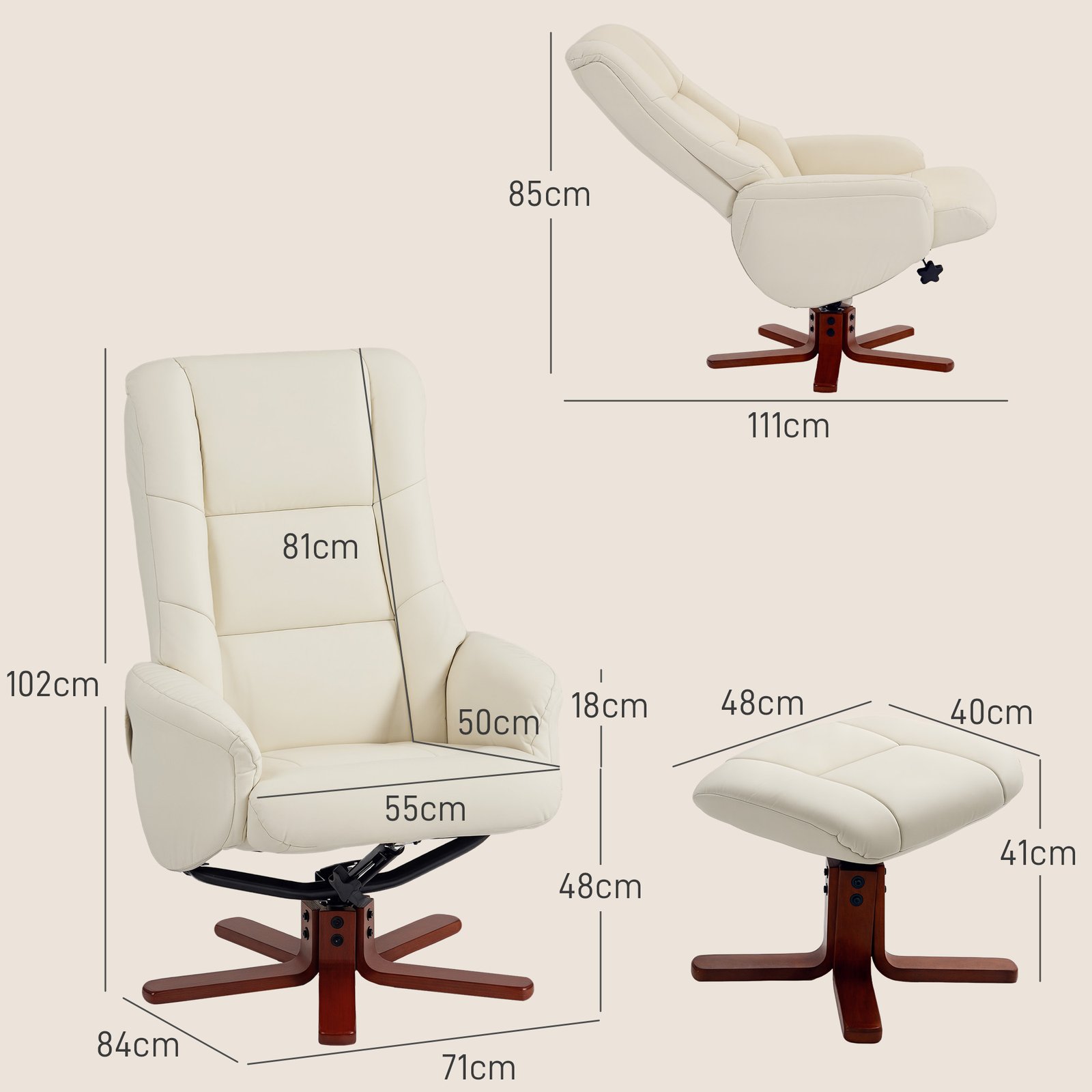 HOMCOM Rocking Recliner Chair with Footstool, PU Leather Recliner Armchair with Wood Base, Upholstered Reclining Chair for Living Room Bedroom, Cream - Image 3