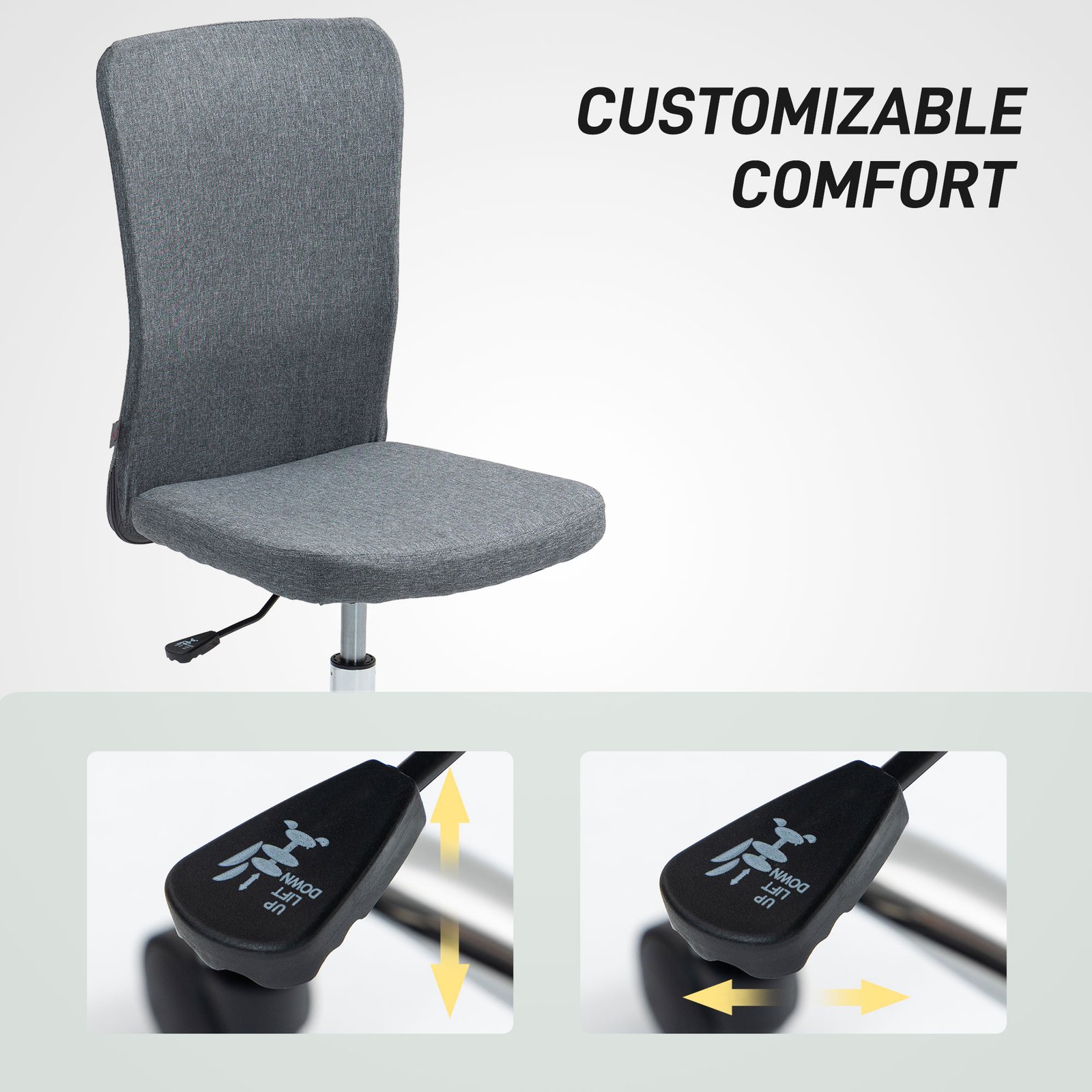HOMCOM Armless Computer Desk Chair, Fabric Swivel Office Chair, Makeup Vanity Chair with Height Adjustable, Wheels, for Home Study Bedroom, Grey - Image 7