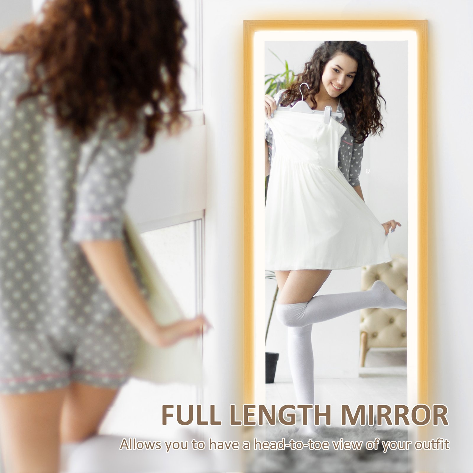 HOMCOM Full Length Mirror, with Adjustable Outer Light, Oak - Image 4