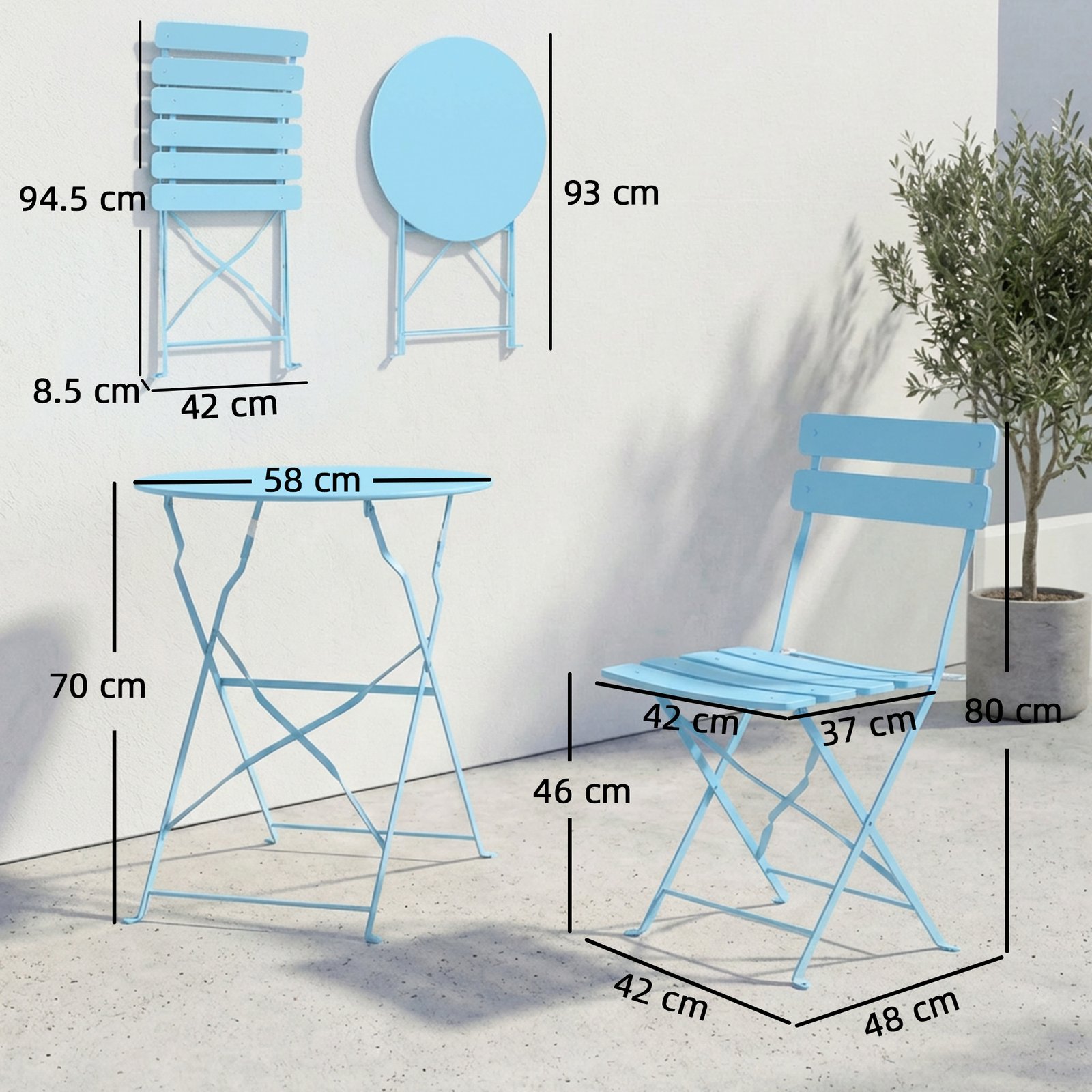 Outsunny Folding Garden Bistro Set, Outdoor Round Bistro Table and Chairs Set 2 with Electrophoresis Metal Frame, Light Blue - Image 3