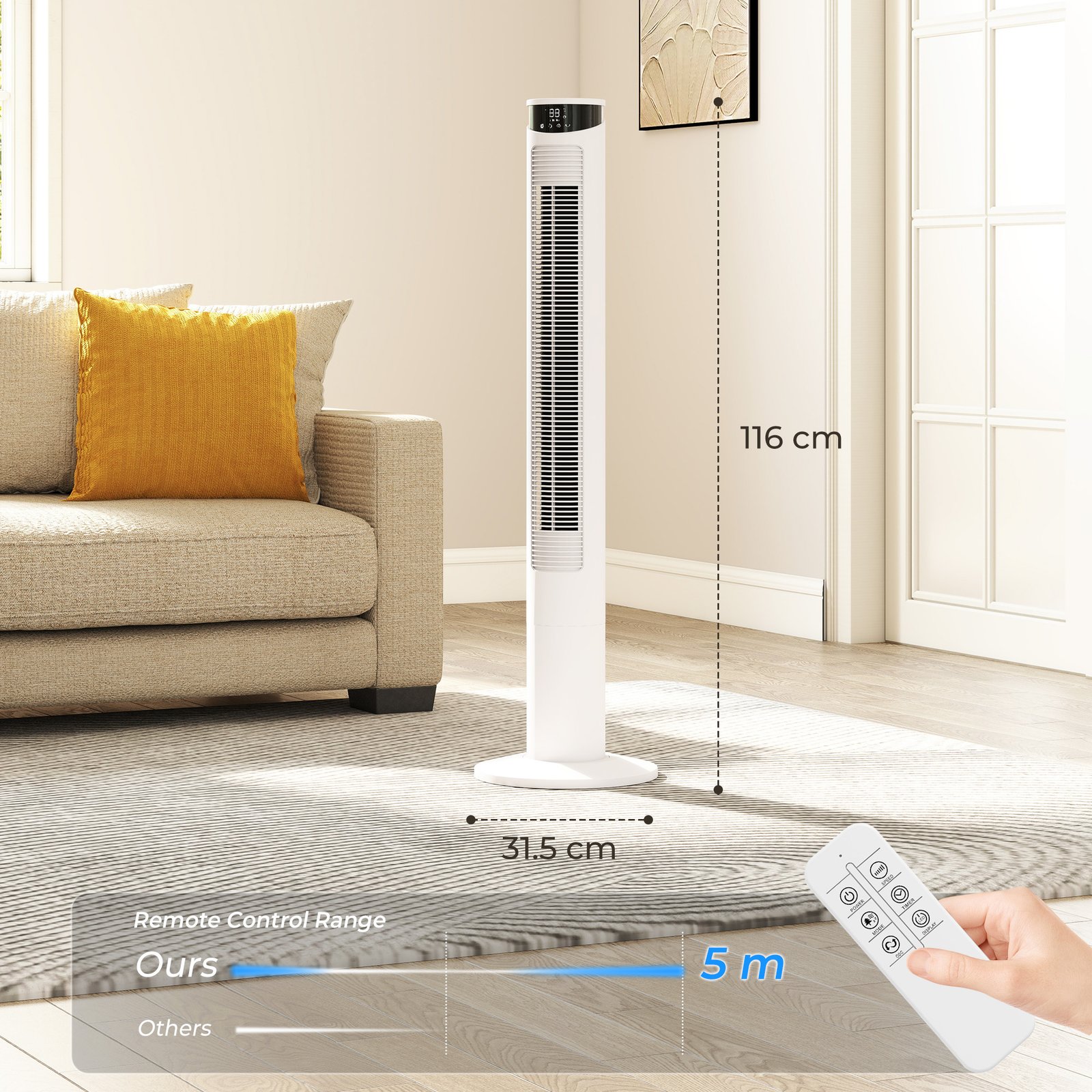 HOMCOM Tower Fan with WiFi Control Standing Floor Fan with Remote Control 116 cm White - Image 3
