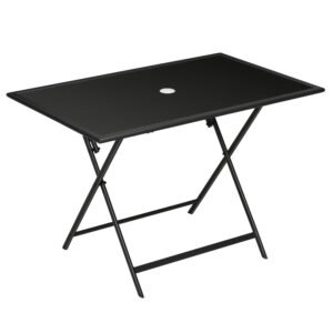 Outsunny Folding Outdoor Dining Table for 6, Rectangle Garden Table Tempered Glass Top with Parasol Hole for Patio, Balcony, Terrace, 110 x 70 x 70 cm, Black