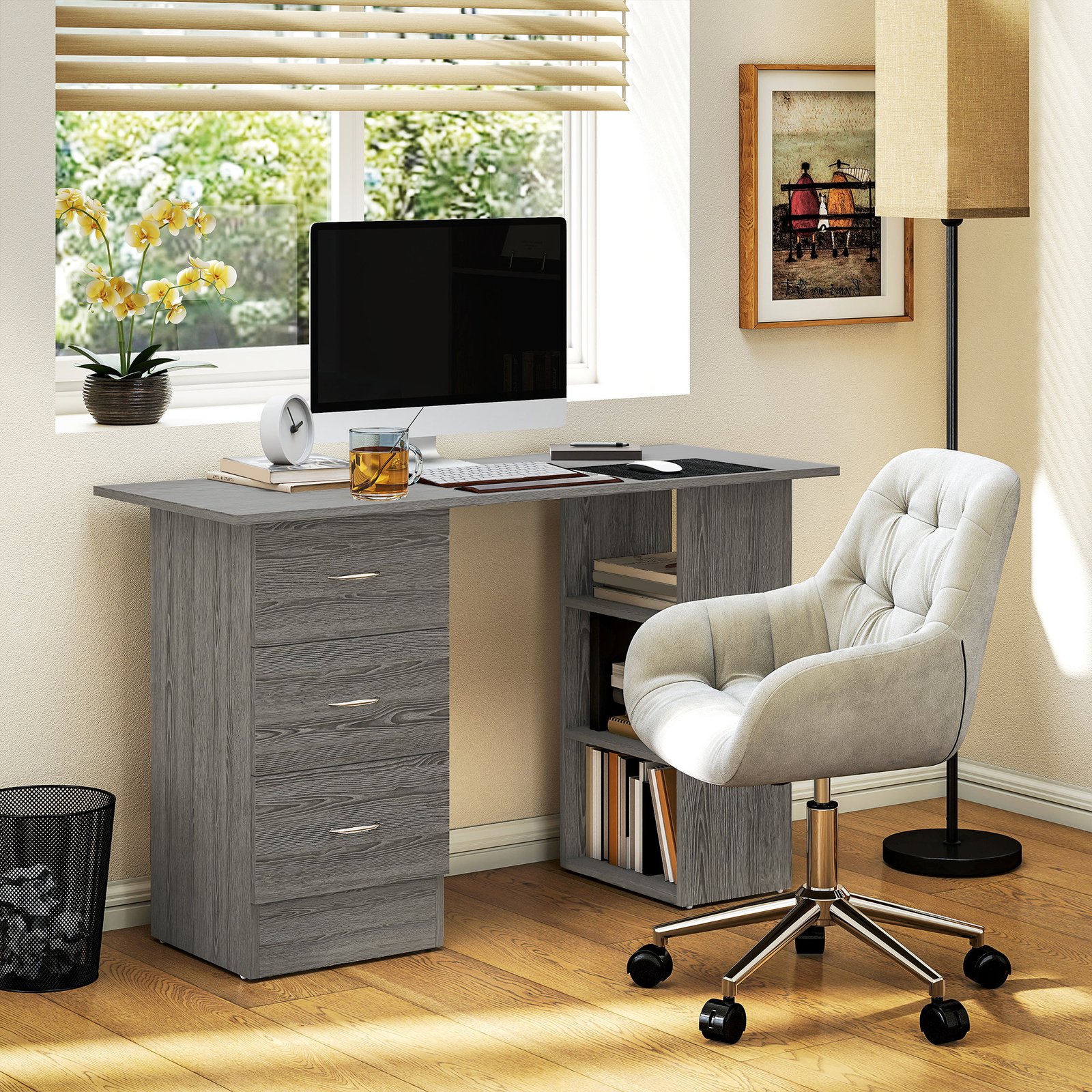HOMCOM Computer Desk with Drawers, Home Office Desk, Writing Table, PC Workstation with 3 Storage Shelves for Working, Study, 120 x 49 x 72 cm, Grey - Image 2